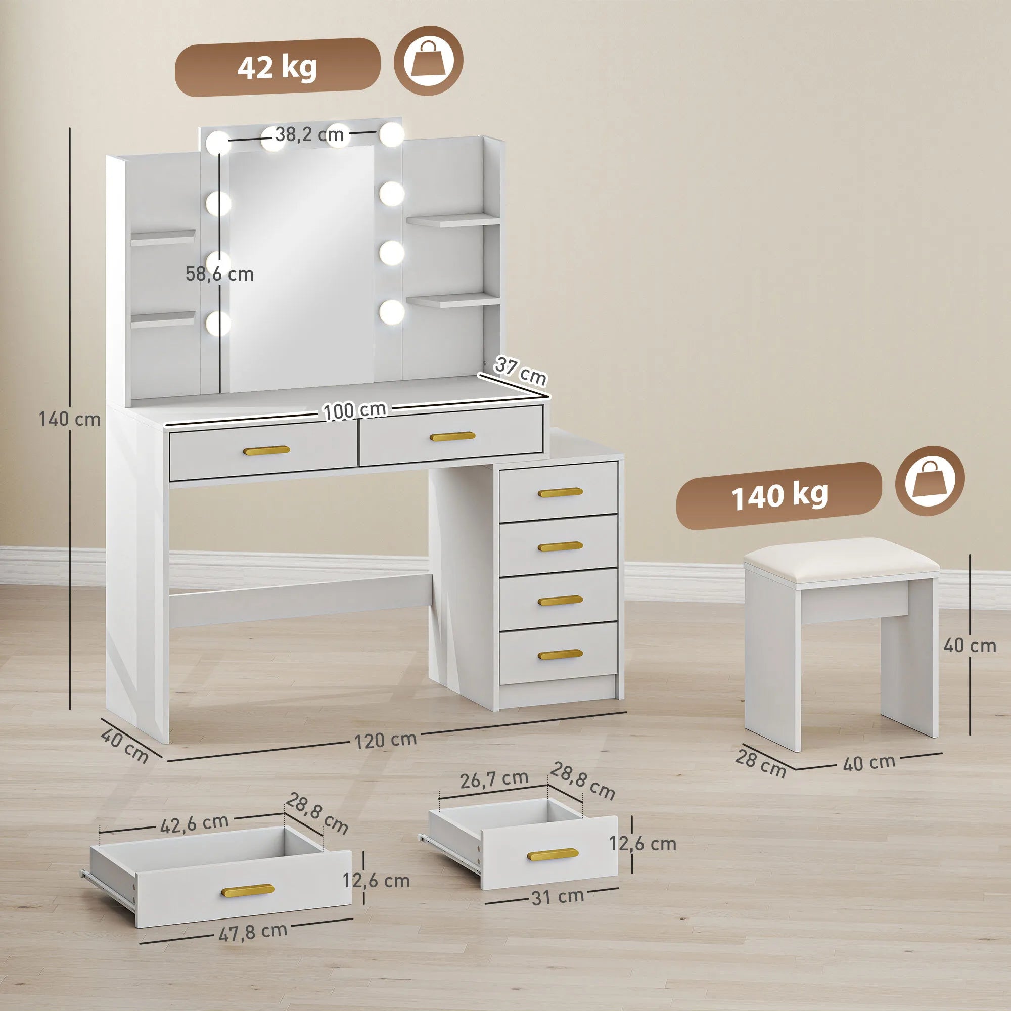 Kosmetinis staliukas su apšvietimu ir pufu 120 cm, baltas