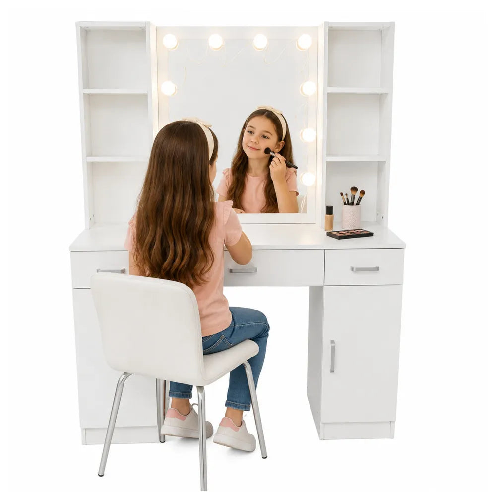 Kosmetinis staliukas su veidrodžiu, apšvietimu ir lentynomis, 125 cm aukščio, baltas