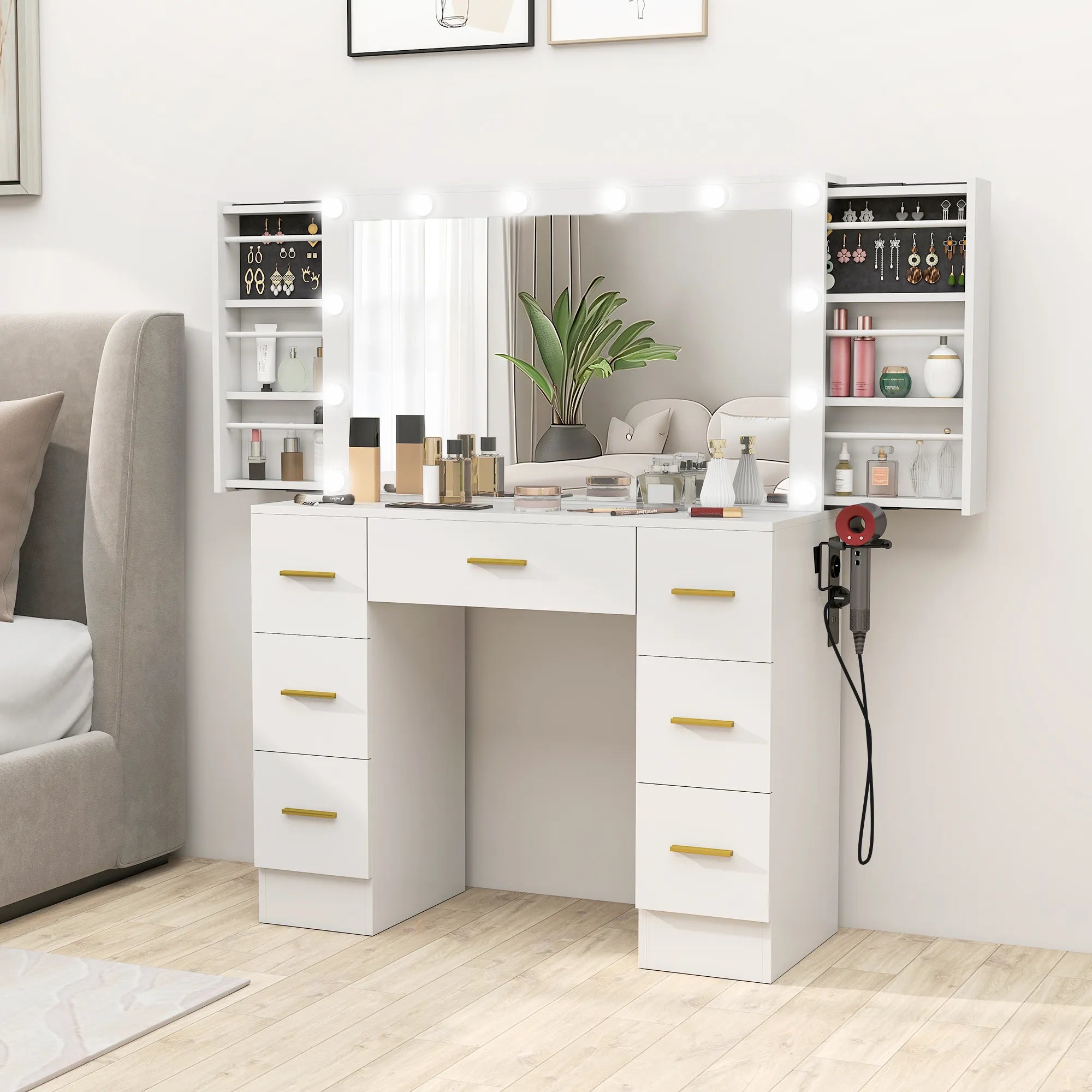 Kosmetinis staliukas su veidrodžiu ir 12 LED lempučių, 7 stalčiai, baltas