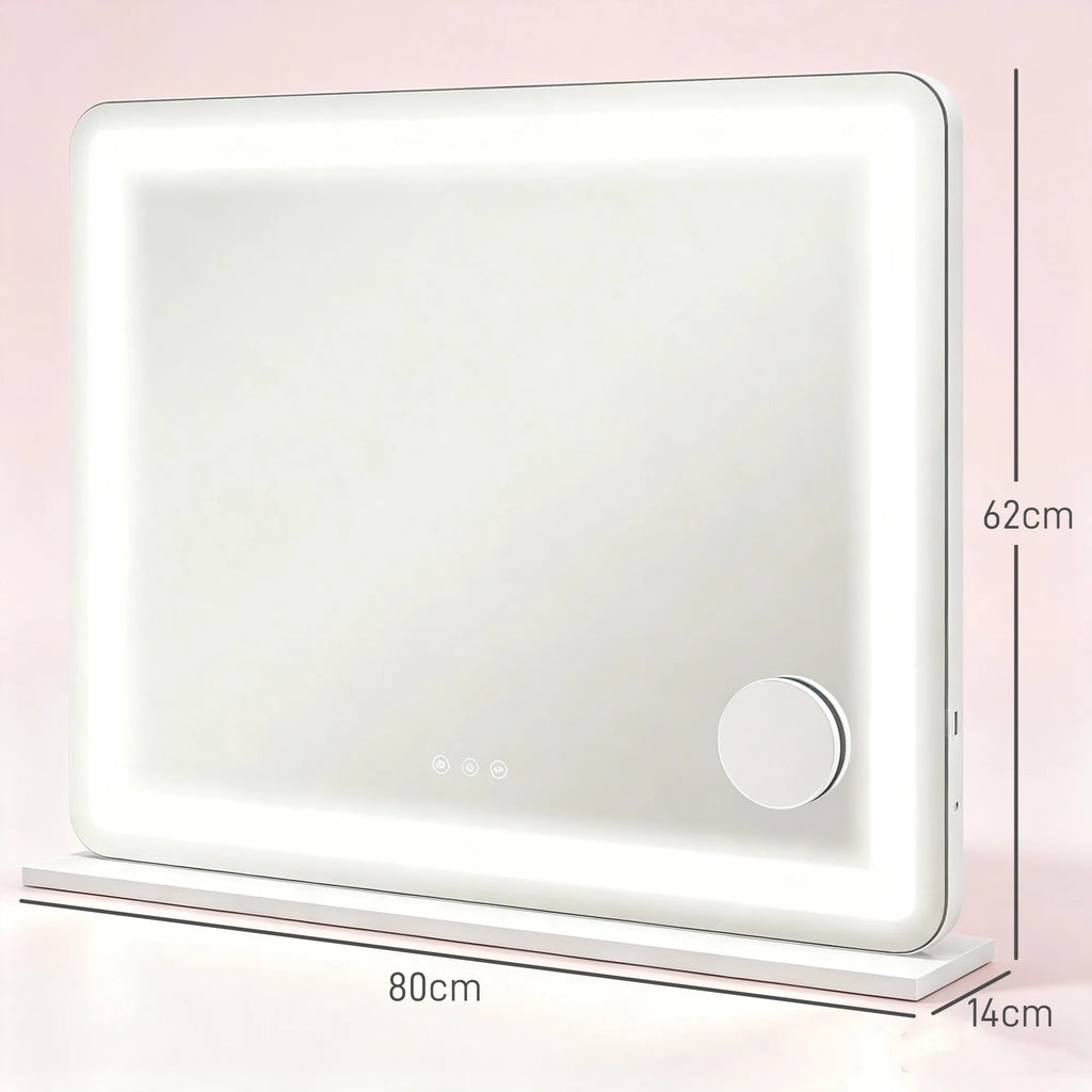 Kosmetinio veidrodžio matmenų schema: 80 cm plotis, 62 cm aukštis, 14 cm gylis