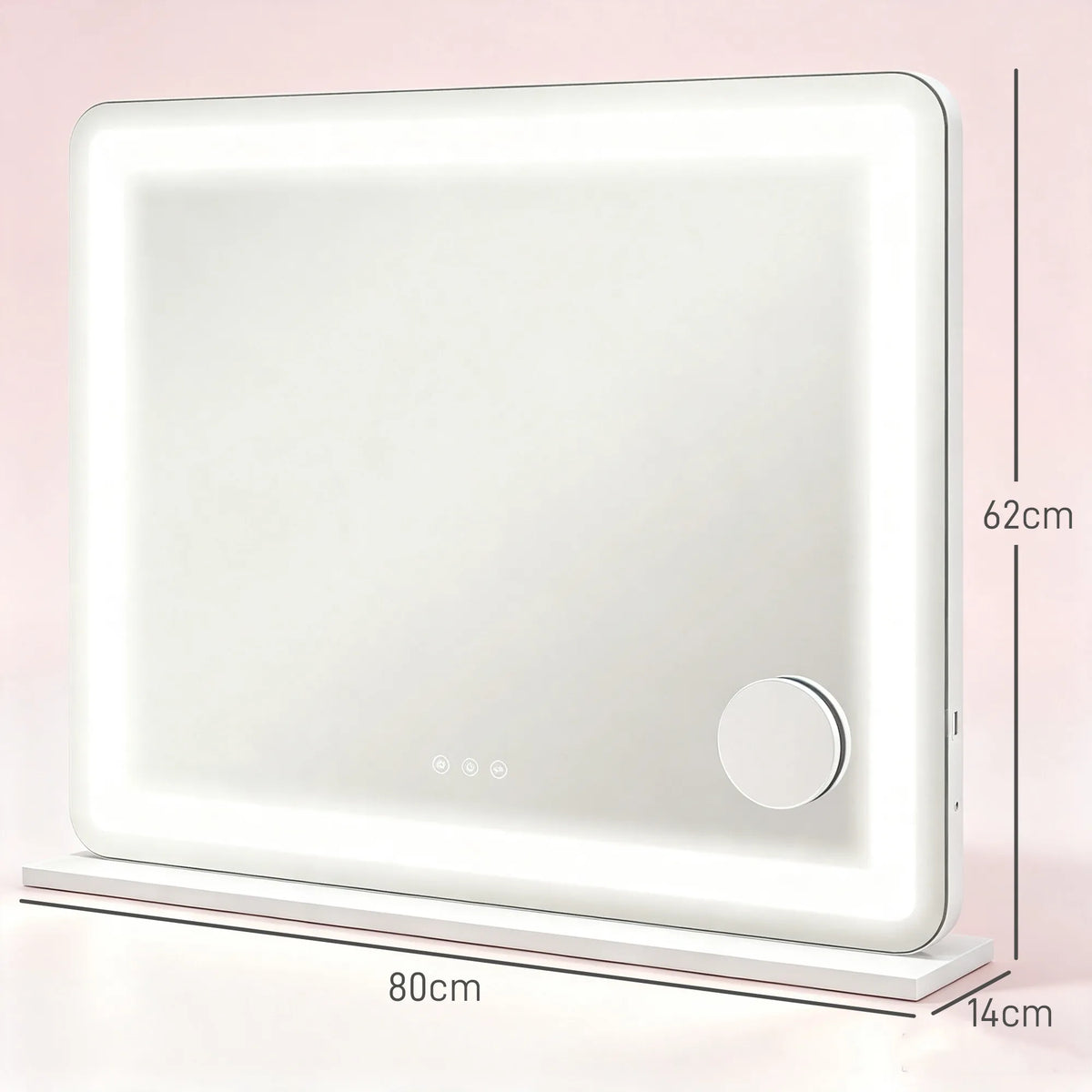 Kosmetinio veidrodžio matmenų schema: 80 cm plotis, 62 cm aukštis, 14 cm gylis