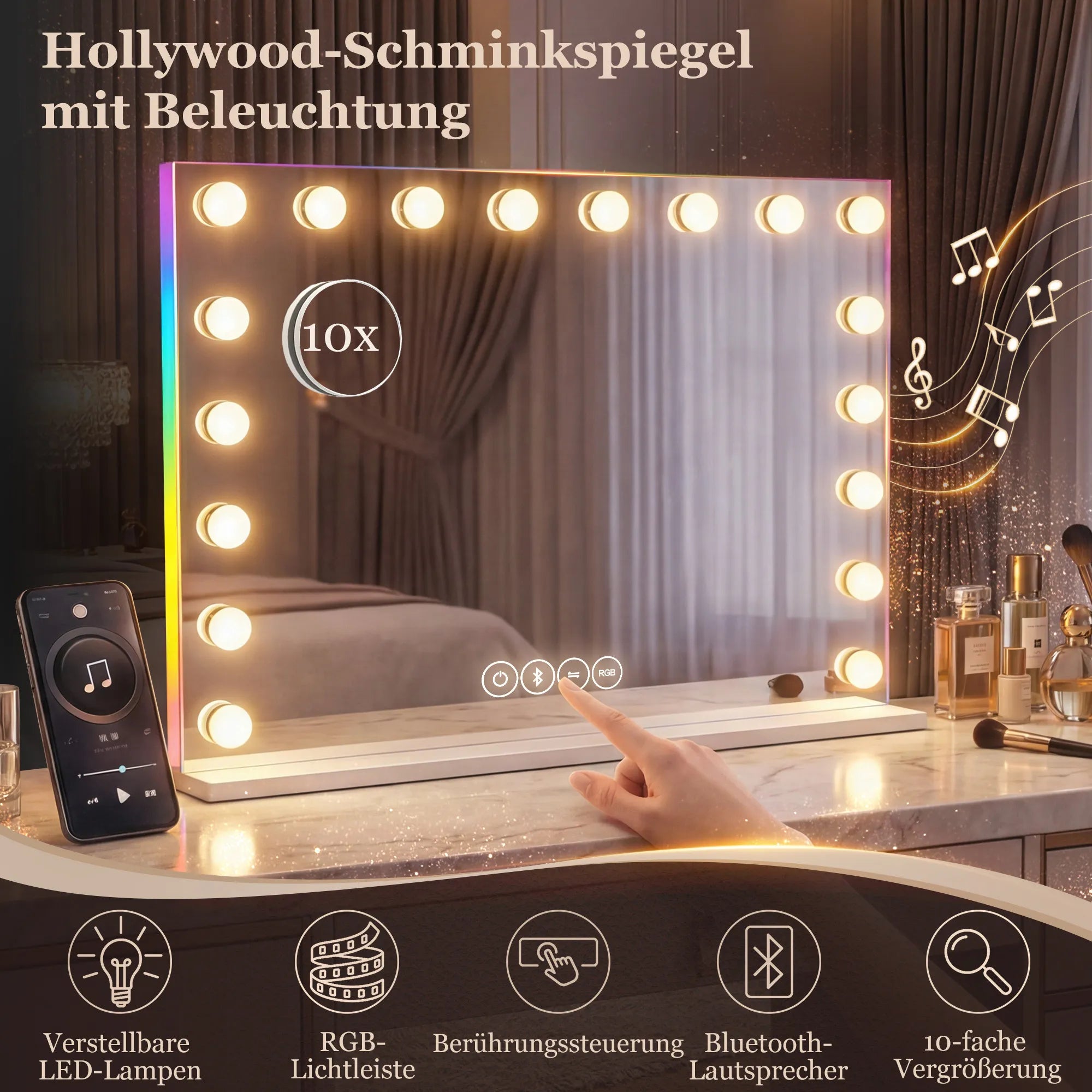 Kosmetinis veidrodis su LED apšvietimu, Bluetooth garsiakalbiu ir 10x didinimu baltas