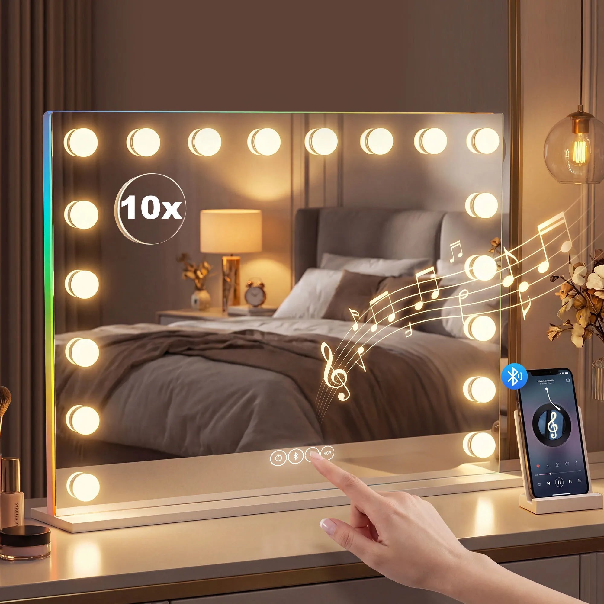 Kosmetinis veidrodis su LED apšvietimu, Bluetooth garsiakalbiu ir 10x didinimu baltas
