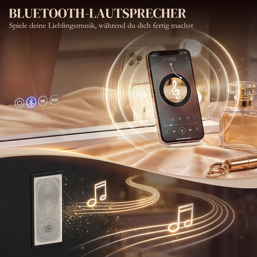 Kosmetinis veidrodis su LED apšvietimu, Bluetooth garsiakalbiu ir 10x didinimu baltas