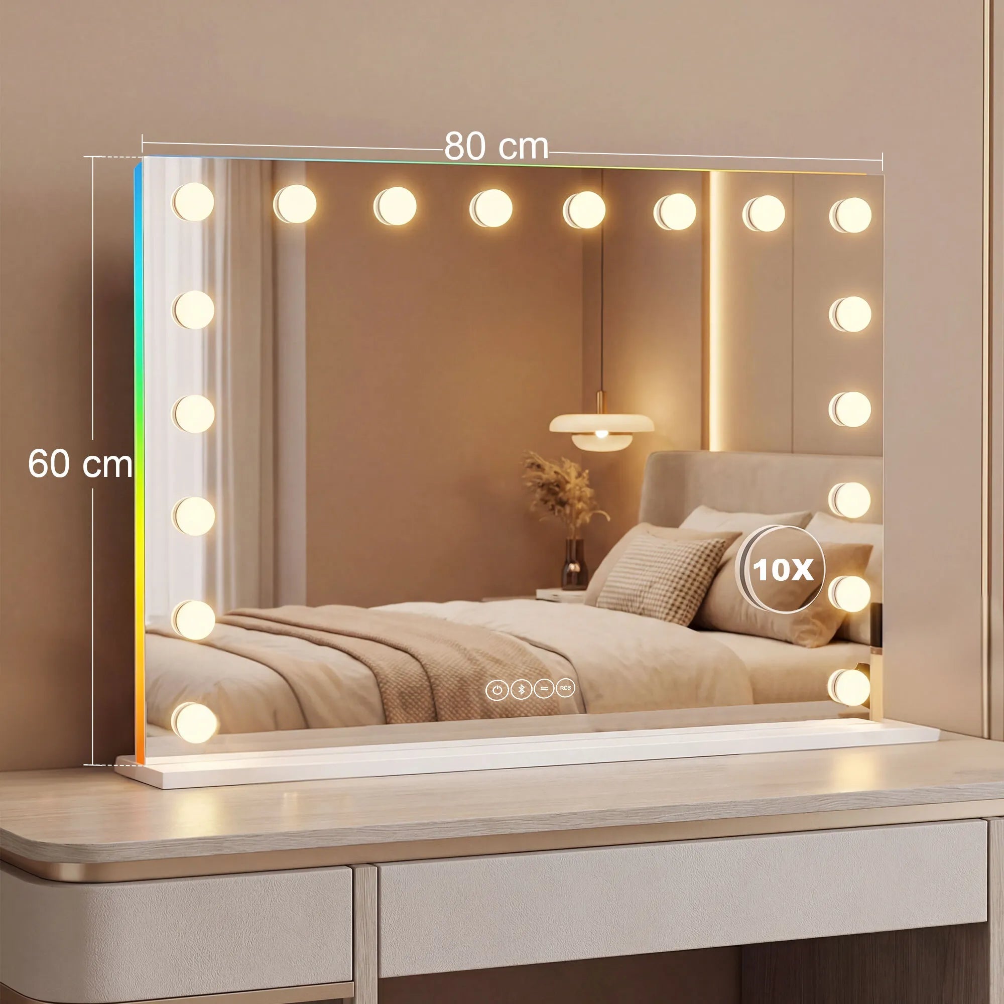 Kosmetinis veidrodis su LED apšvietimu, Bluetooth garsiakalbiu ir 10x didinimu baltas