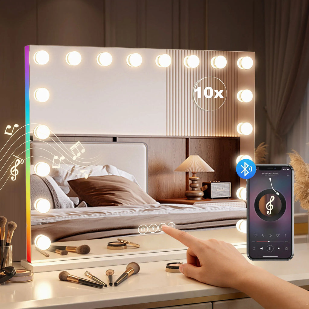 Kosmetinis veidrodis su LED apšvietimu, Bluetooth garsiakalbiu ir 10x didinimu baltas