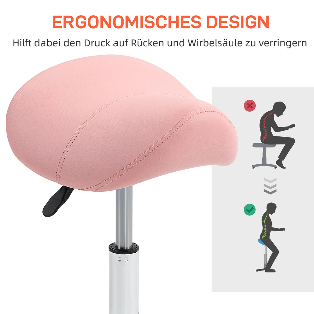 Kosmetologinė balno formos kėdė su ratukais, reguliuojamo aukščio 49-61 cm, rožinė