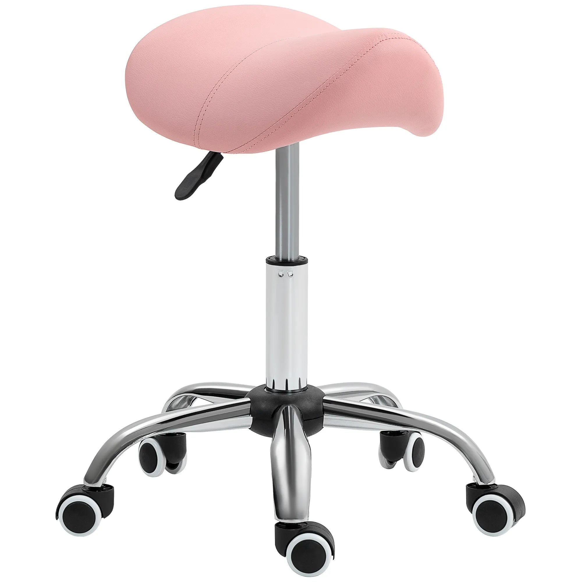 Kosmetologinė balno formos kėdė su ratukais, reguliuojamo aukščio 49-61 cm, rožinė
