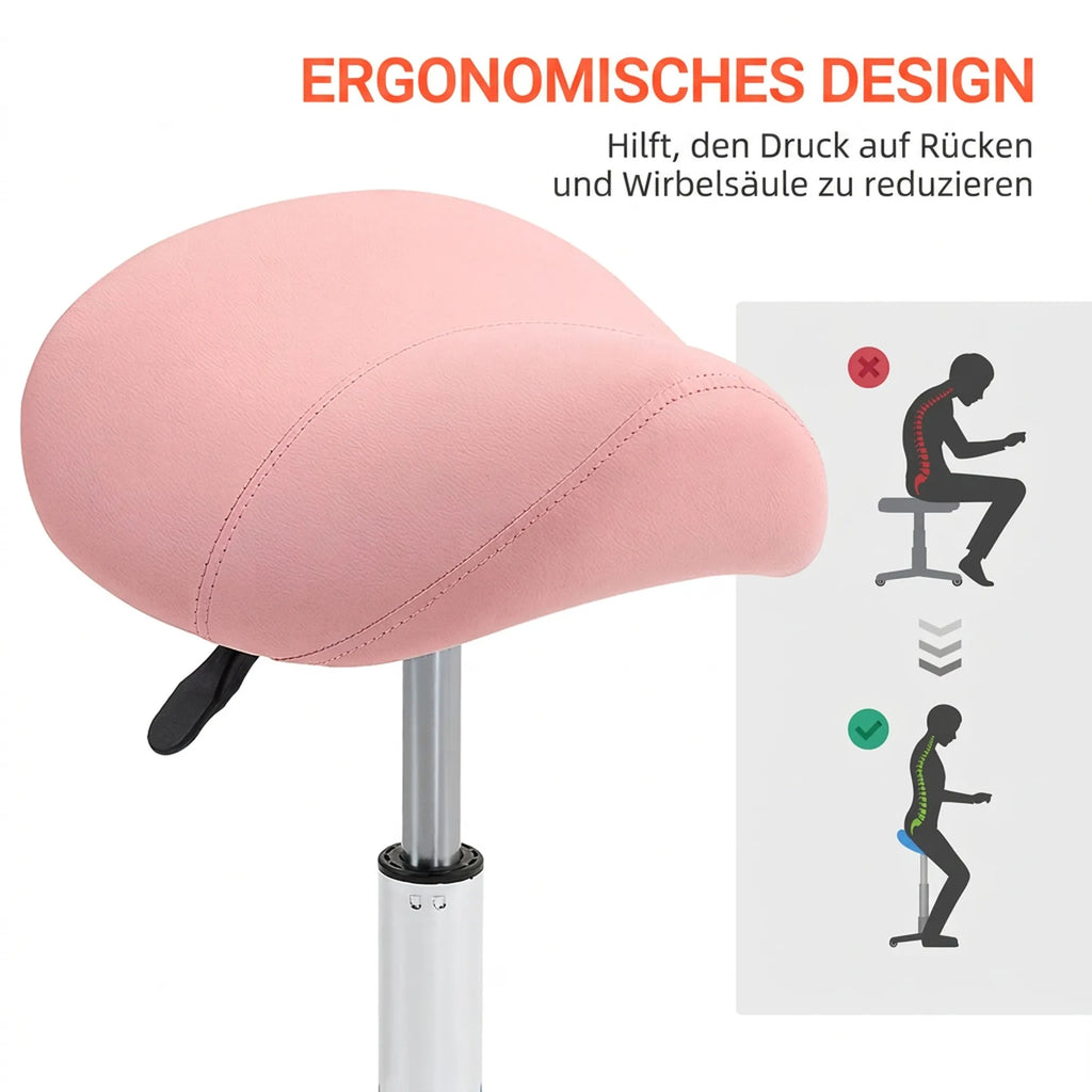 Kosmetologinė balno formos kėdė su ratukais, reguliuojamo aukščio 49-61 cm, rožinė