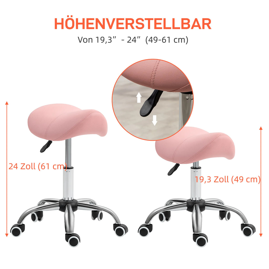 Kosmetologinė balno formos kėdė su ratukais, reguliuojamo aukščio 49-61 cm, rožinė