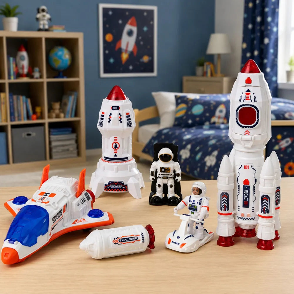 Kosminis rinkinys su raketomis, erdvėlaiviu ir astronautais