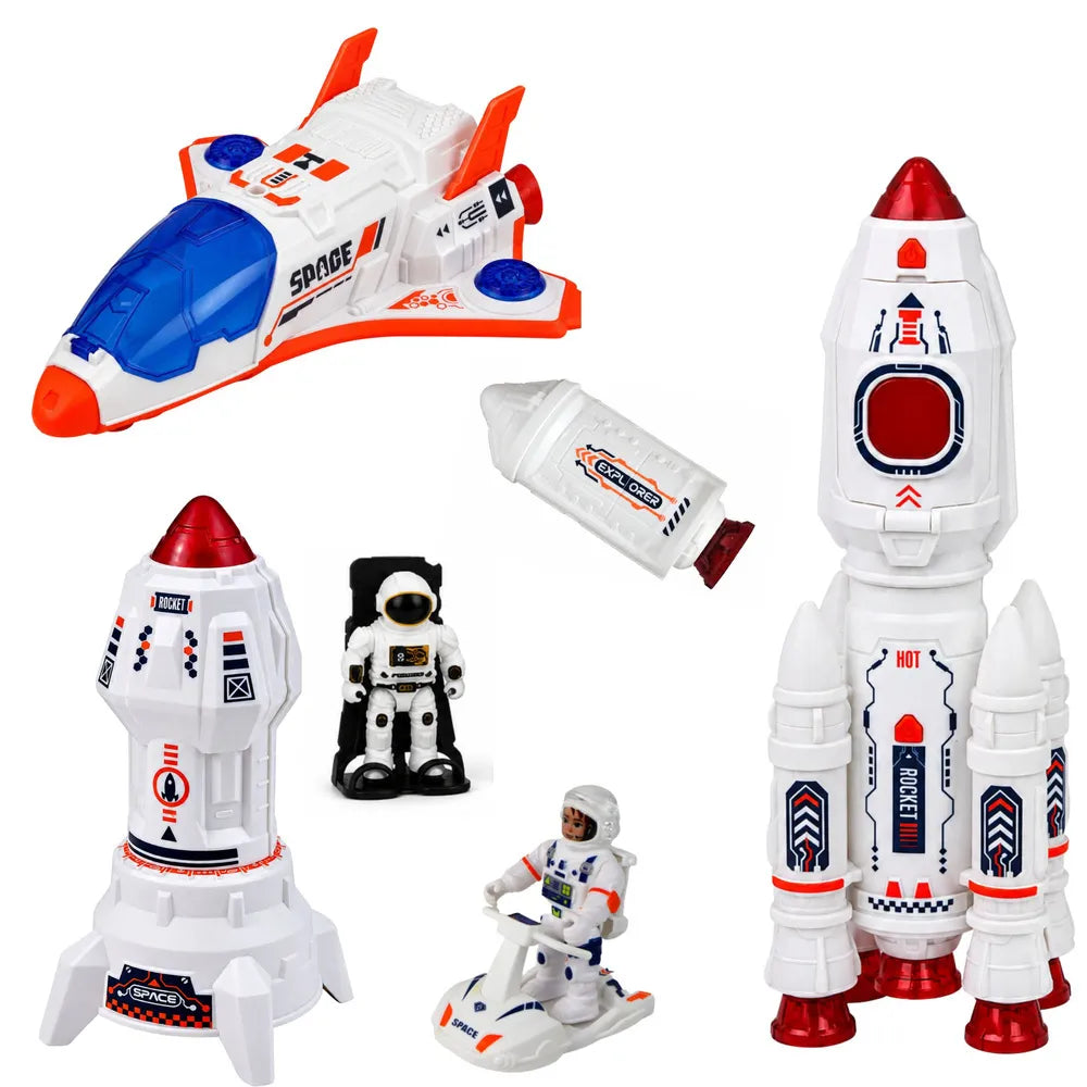 Kosminis rinkinys su raketomis, erdvėlaiviu ir astronautais