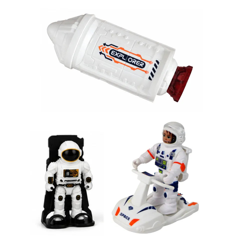 Kosminis rinkinys su raketomis, erdvėlaiviu ir astronautais