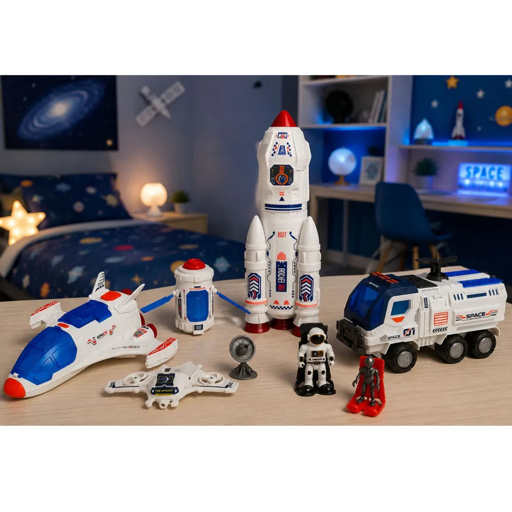 Kosminis žaislų rinkinys su raketa, erdvėlaiviu ir astronautais