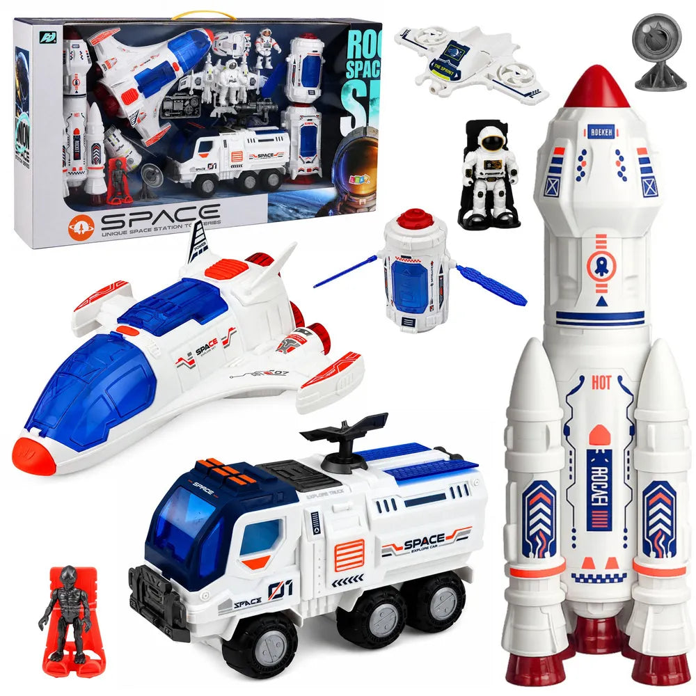 Kosminis žaislų rinkinys su raketa, erdvėlaiviu ir astronautais