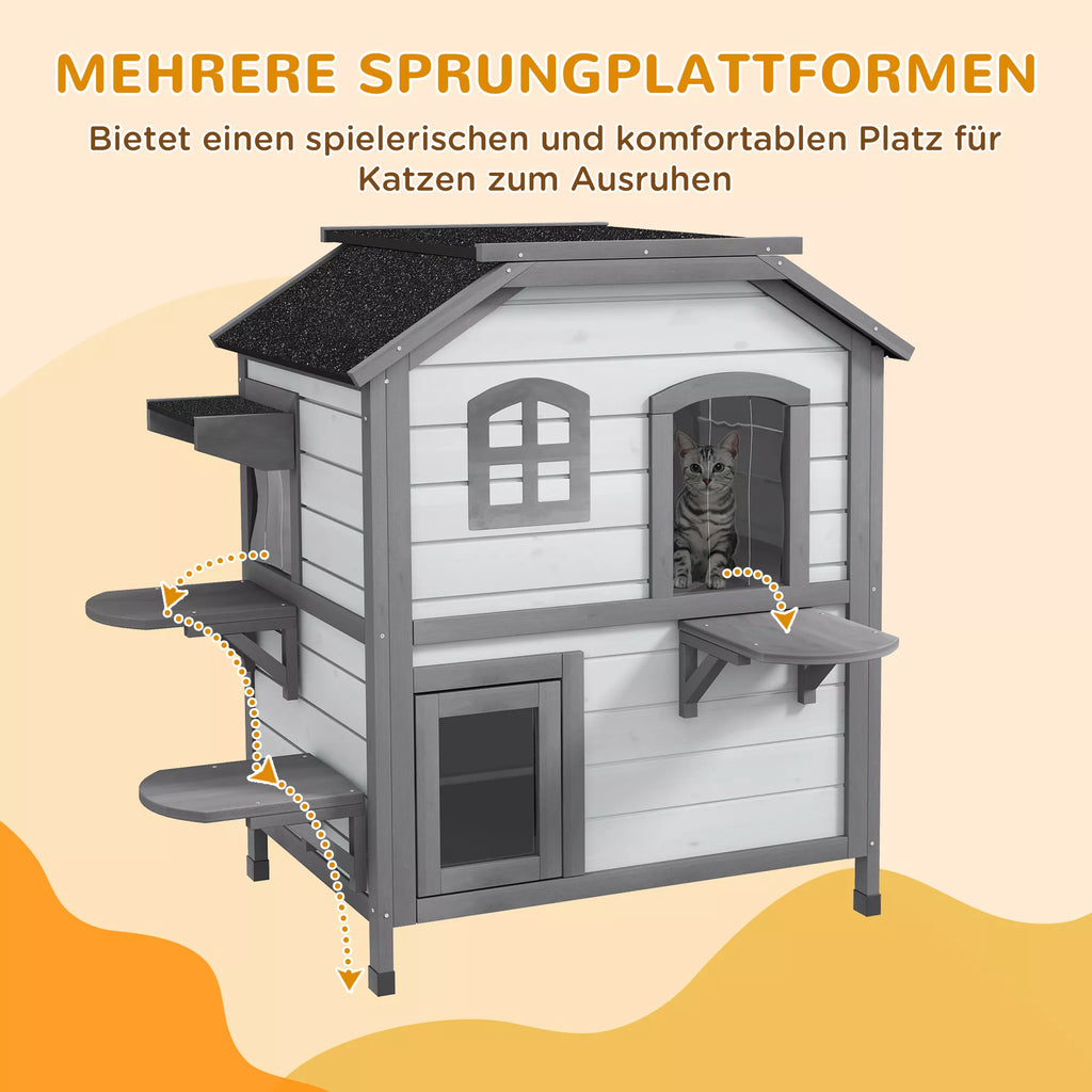 Katės namelis su 2 aukštais, šviesiai pilkos ir baltos spalvos
