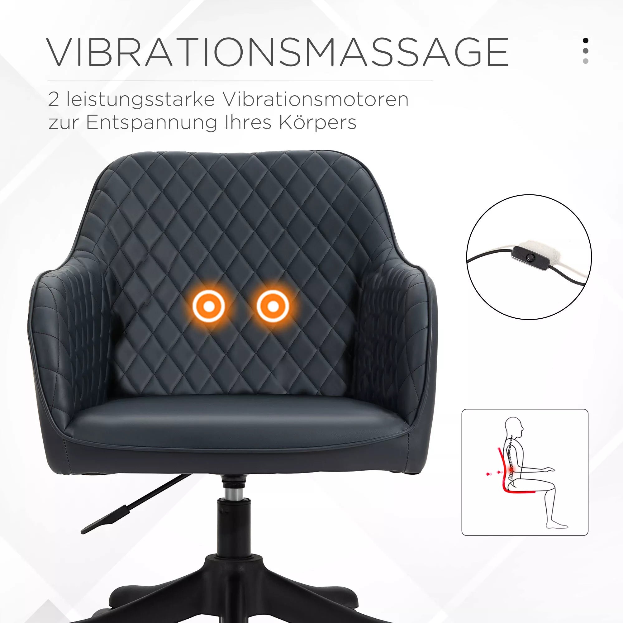 Masažinė biuro kėdė, rašomojo stalo kėdė, kompiuterio kėdė, sukiojama darbo kėdė su vibracijos funkcija, USB jungtimi, masažo funkcija, juosmens pagalve, porankiais, aukščio reguliavimu nuo 78 iki 86 cm, antracito spalvos.