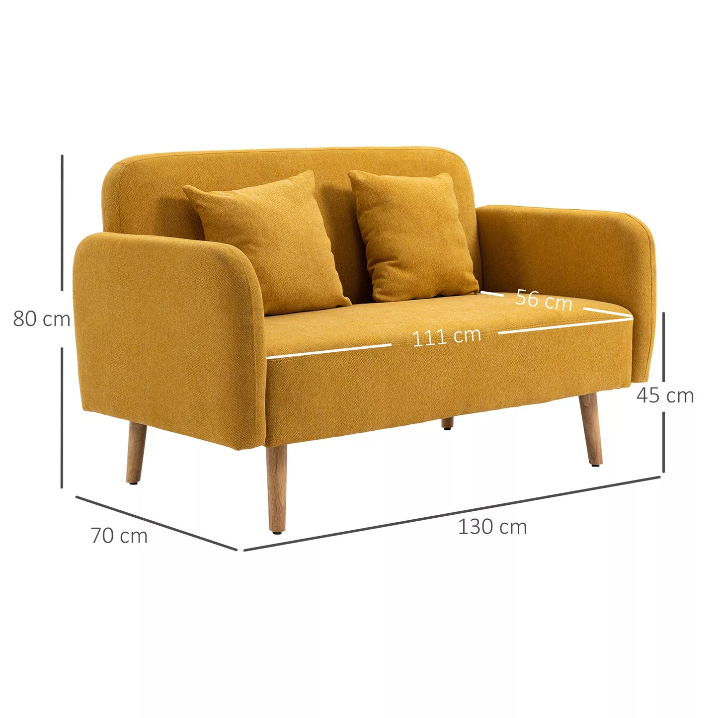 2 vietų sofa su 2 dekoratyvinėmis pagalvėlėmis, Mažas dvivietis fotelis su modernia aksomine apdaila, Tamsiai geltona 130 x 70 x 80 cm