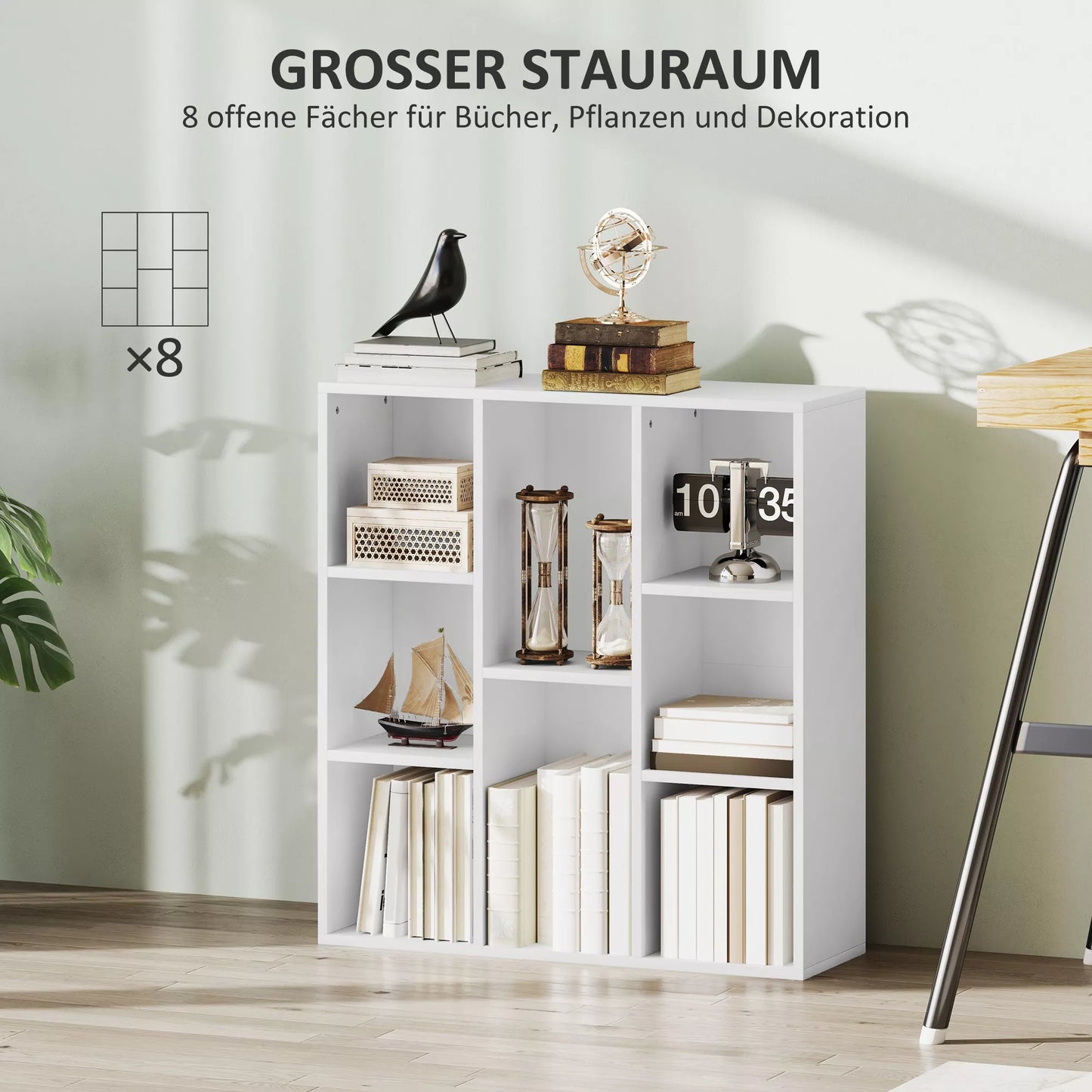 3 pakopų knygų lentyna, 8 skyrių, medžio drožlių plokštė, laikymo lentyna, balta