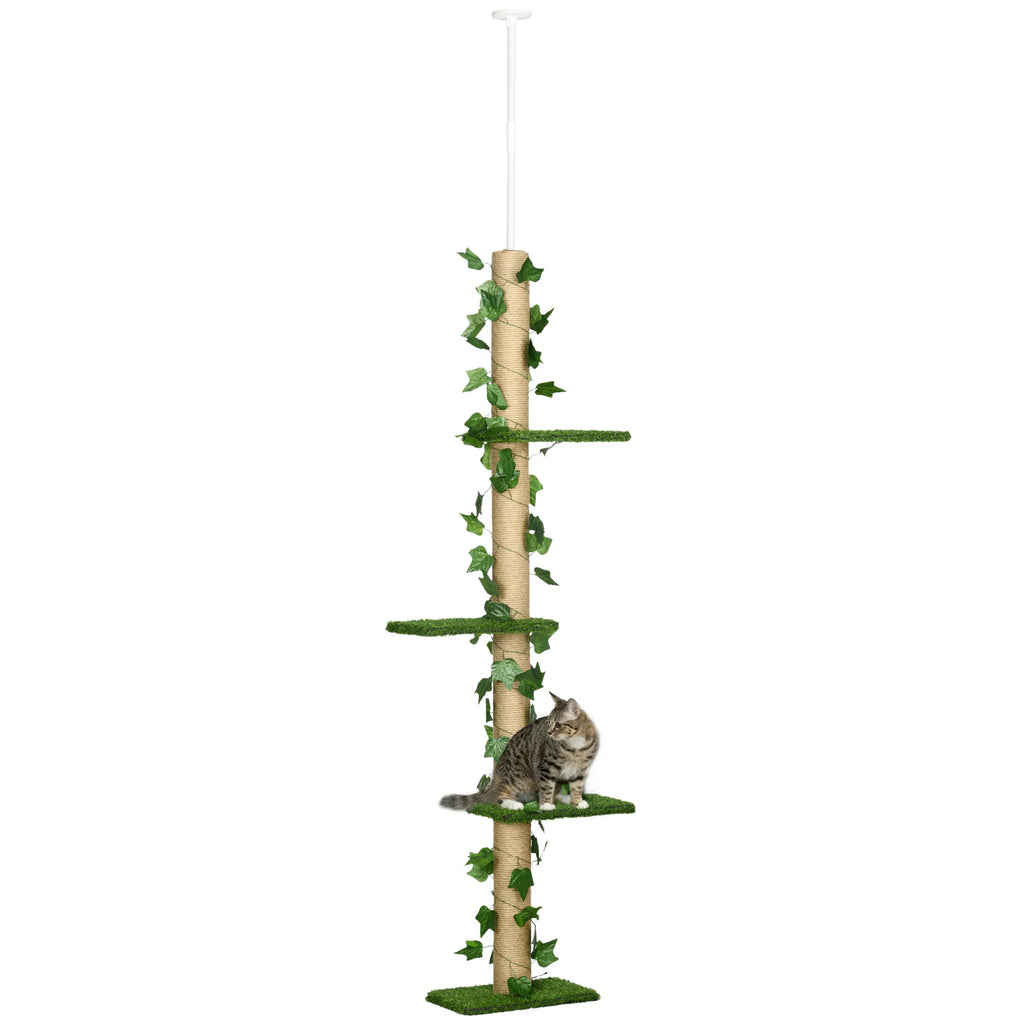 Kratzbaum aukštis reguliuojamas 202-242 cm, neslidus, džiuto virvės stulpeliai, medžio drožlių plokštė, žalia/geltona