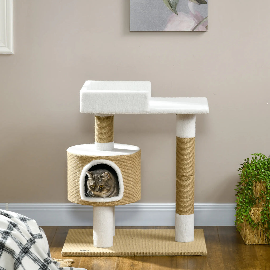 Kratzbaum Kačių medis Kačių urvas, 1 kačių urvas, 1 gulėjimo vieta, 70 cm  x 49 cm x 79 cm, natūralus + baltas