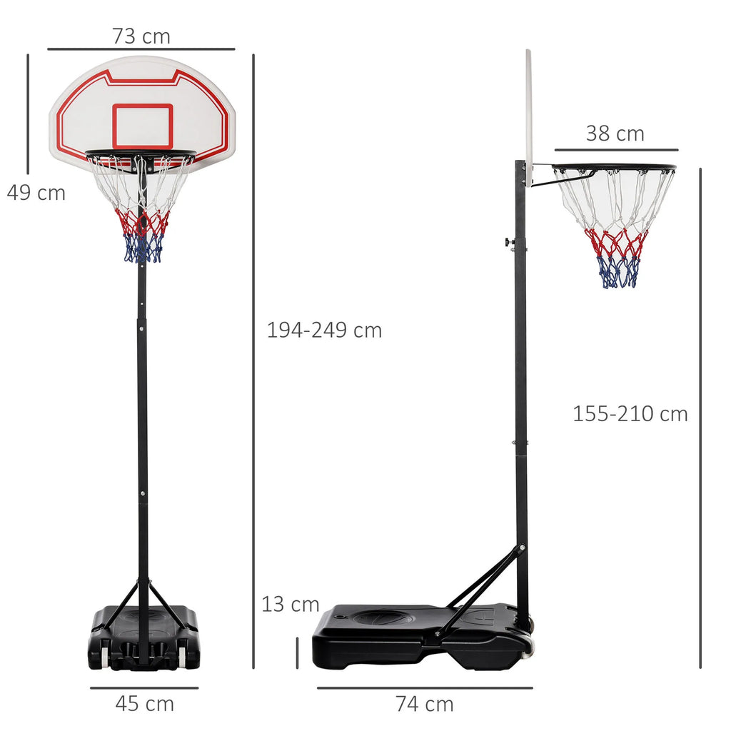 Krepšinio stovas reguliuojamu aukščiu 155–210 cm su ratukais, balta/raudona