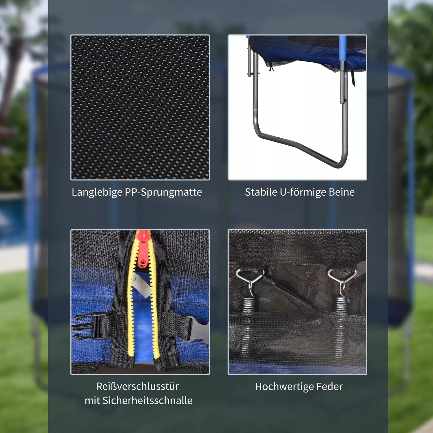 Trampolinas su apsauginiu tinklu, sodo batutas vidaus ir lauko naudojimui, fitneso batutas paaugliams ir suaugusiems. Plienas, mėlyna+juoda. Iki 113,6 kg. Ø305 x 248A cm