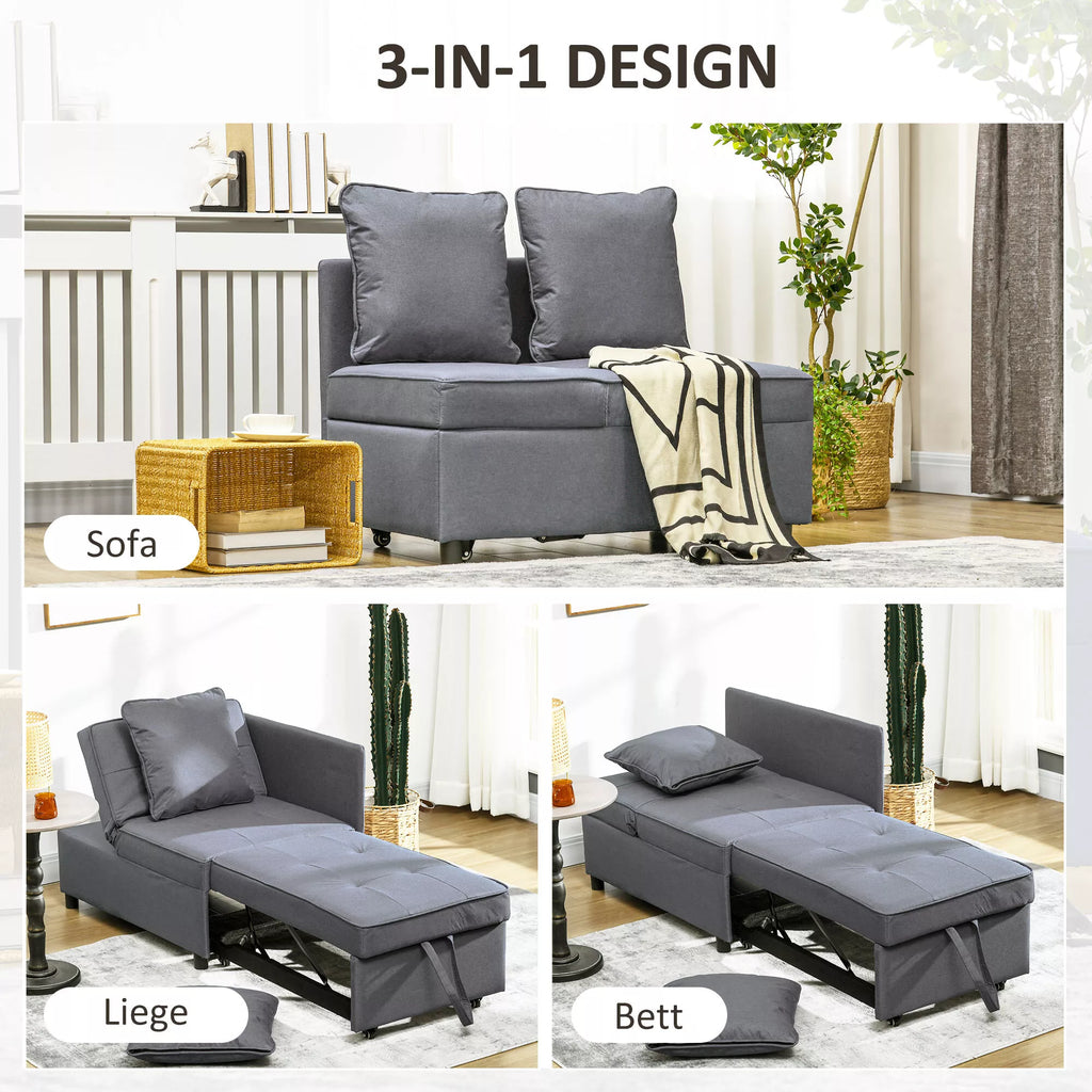 Miegamoji sofa-lova, 2 vietų fotelis su miegojimo funkcija, sulankstomas minkštasuolis su 2 pagalvėlėmis, su lino imitacijos apmušalu, tamsiai pilka