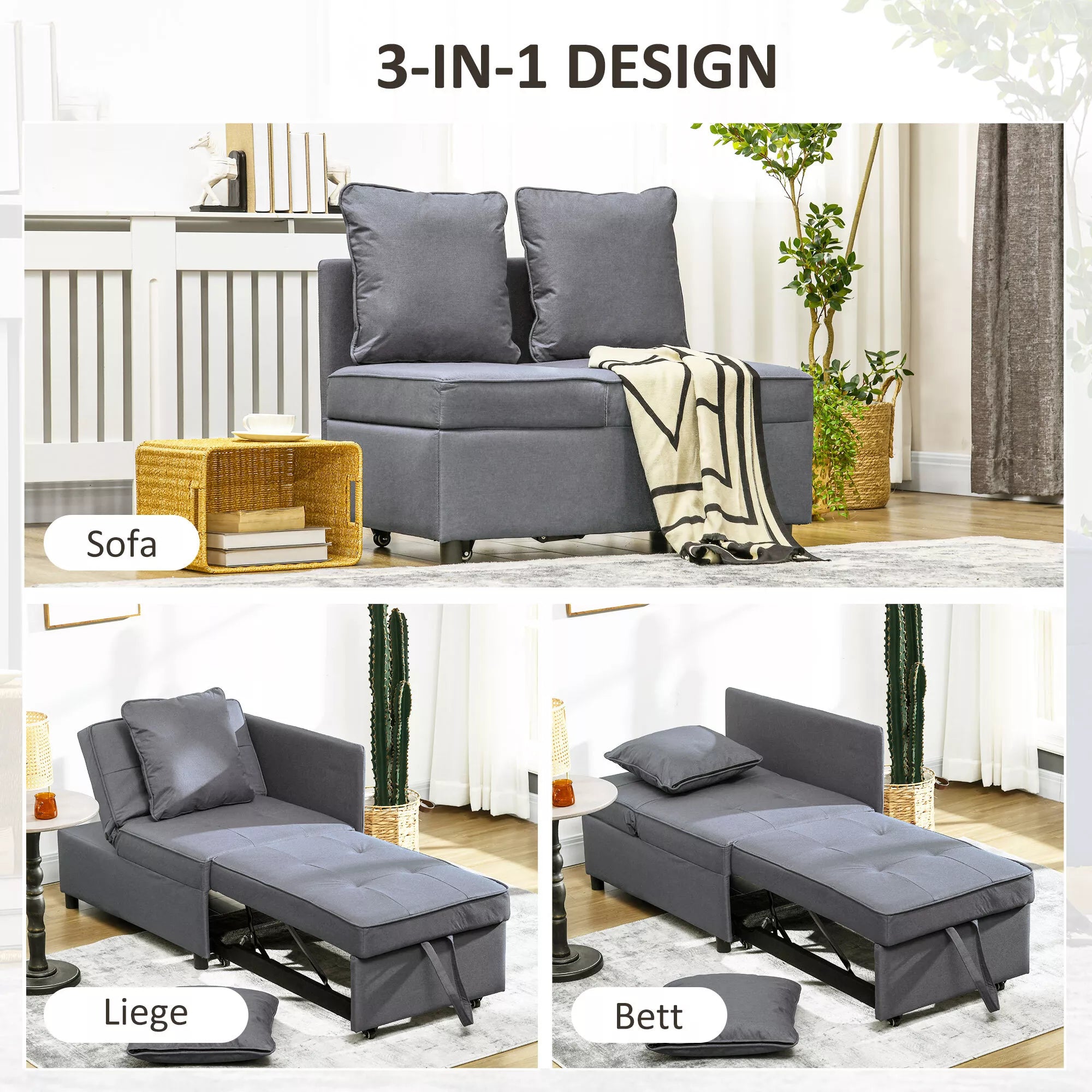 Miegamoji sofa-lova, 2 vietų fotelis su miegojimo funkcija, sulankstomas minkštasuolis su 2 pagalvėlėmis, su lino imitacijos apmušalu, tamsiai pilka