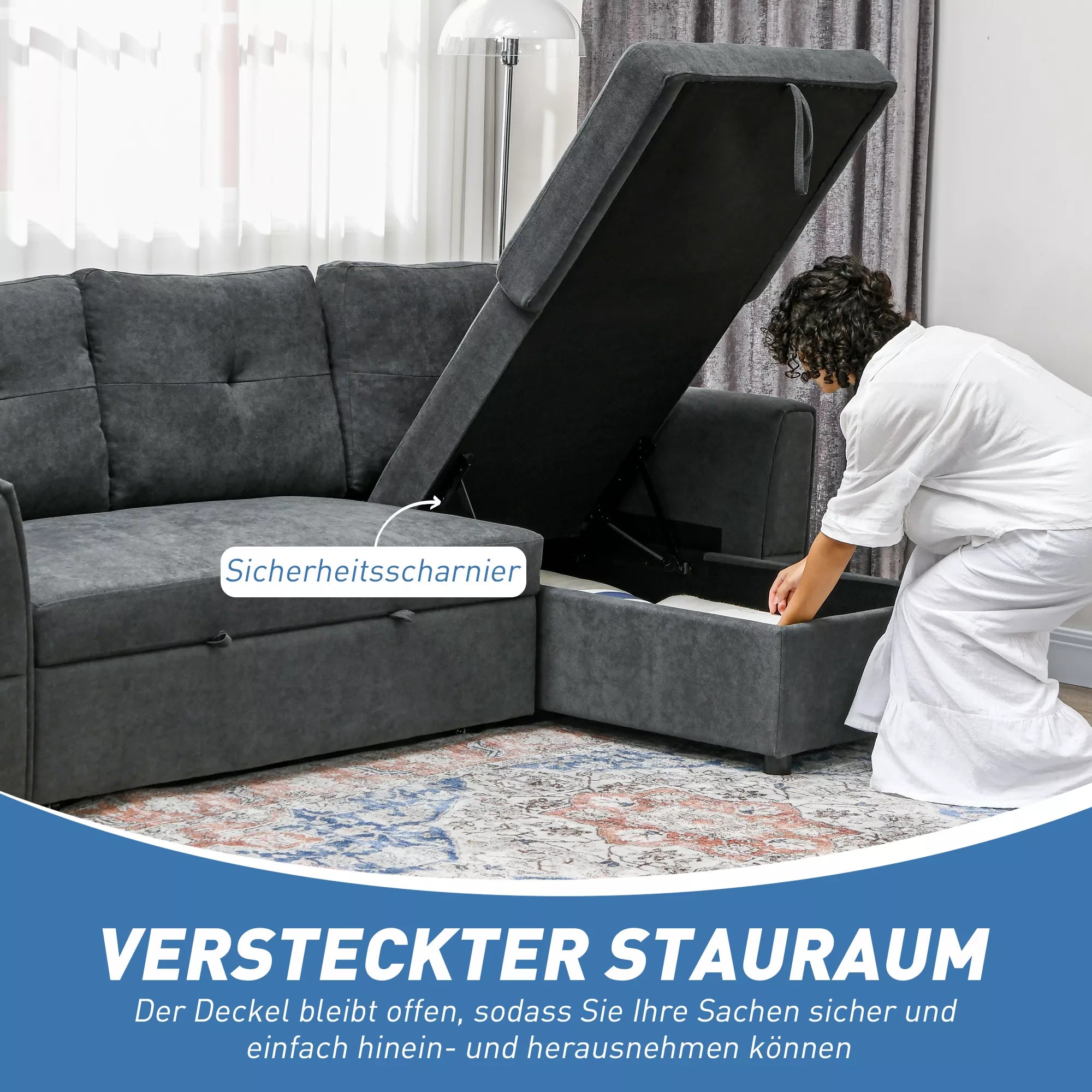 3 vietų sofa su lovos funkcija, miegamoji sofa su šezlongu, minkšta sofa, tamsiai pilka