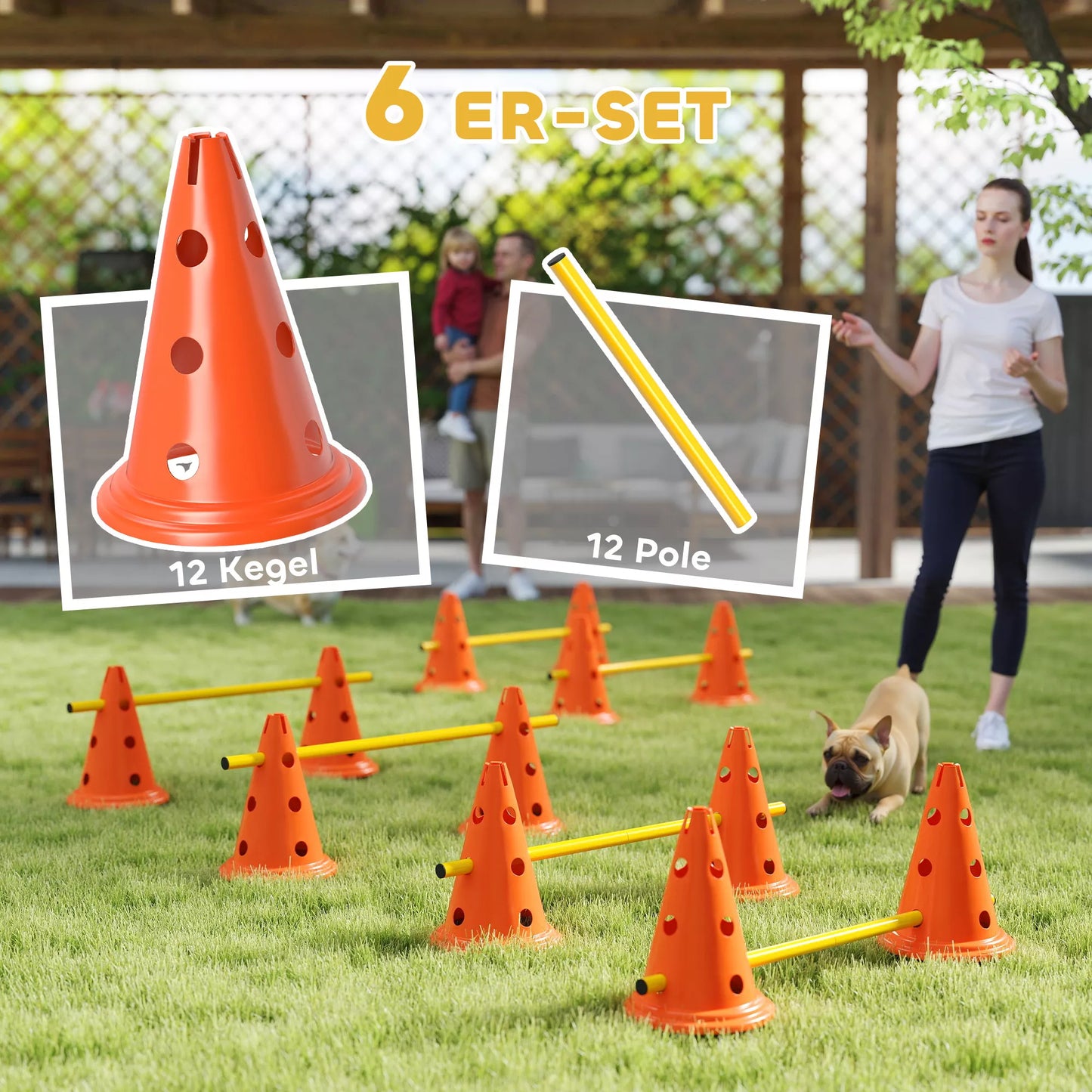 Agility rinkinys šunims, 6 dalių agiliti įranga šunų dresūrai, sudėjamų kliūčių rinkinys su 12 kūgių, 6 barjerų ir nešiojimo krepšiu