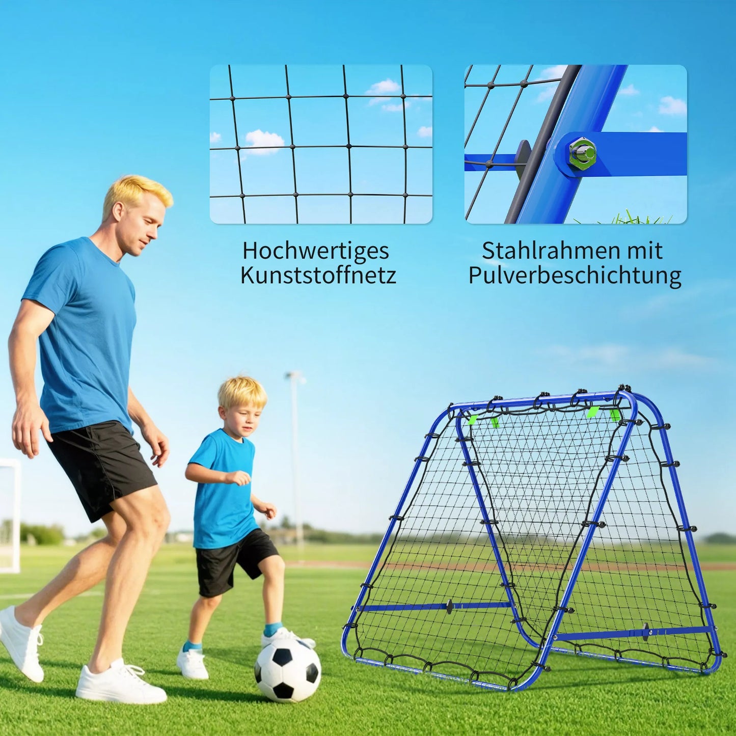 Dvigubas atmušėjas futbolui, reguliuojama atmušimo sienelė su 5 kampinėmis pozicijomis, tinklinis atmušėjas, 100 x 68-95cm atmušimo vartai jaunimui, atmušimo sienelė rankinio treniruotėms, mėlynas