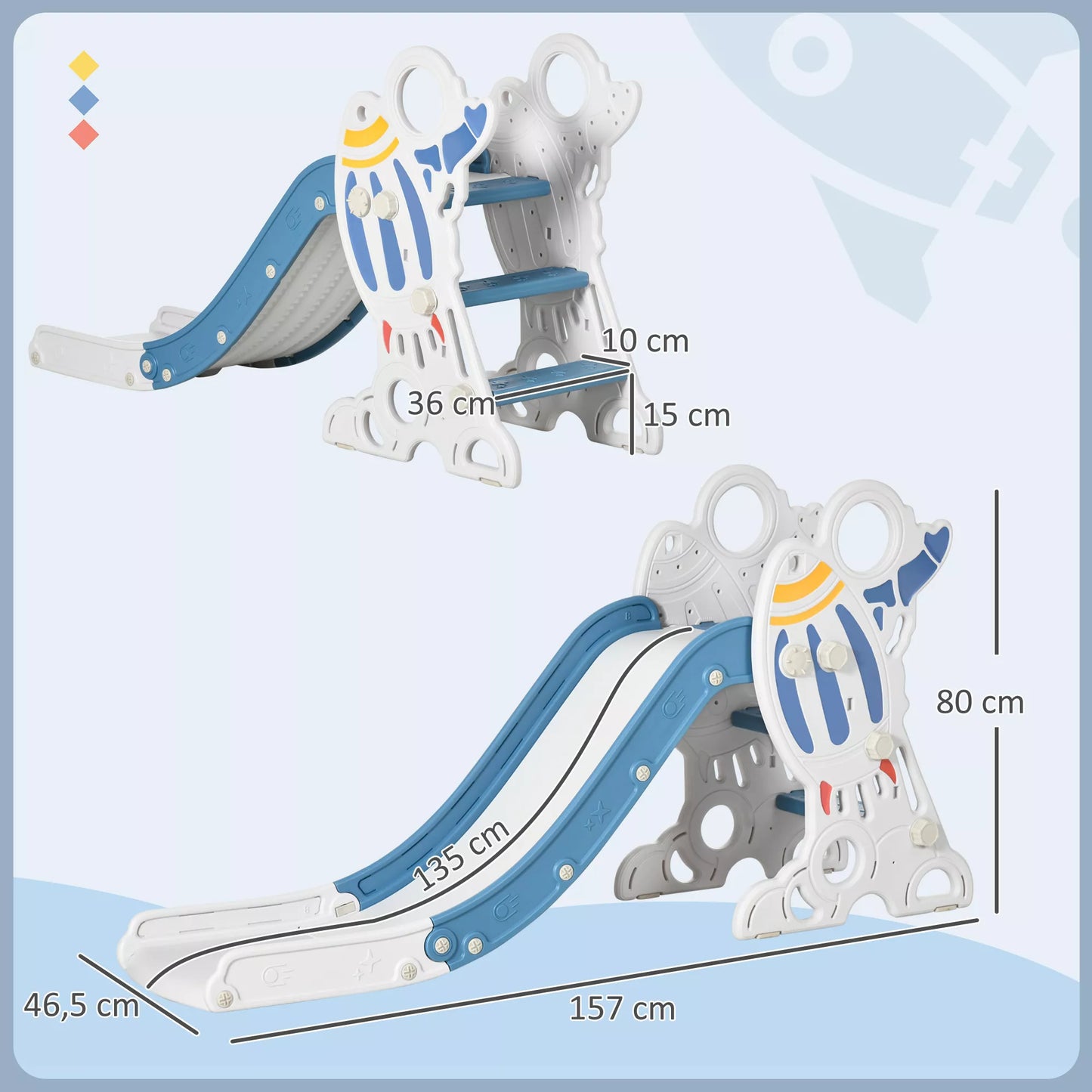 Čiuožykla vaikams nuo 1,5 iki 3 metų, raketos dizainas, lipdukų rinkinys, mėlyna, 157 x 46,5 x 80 cm