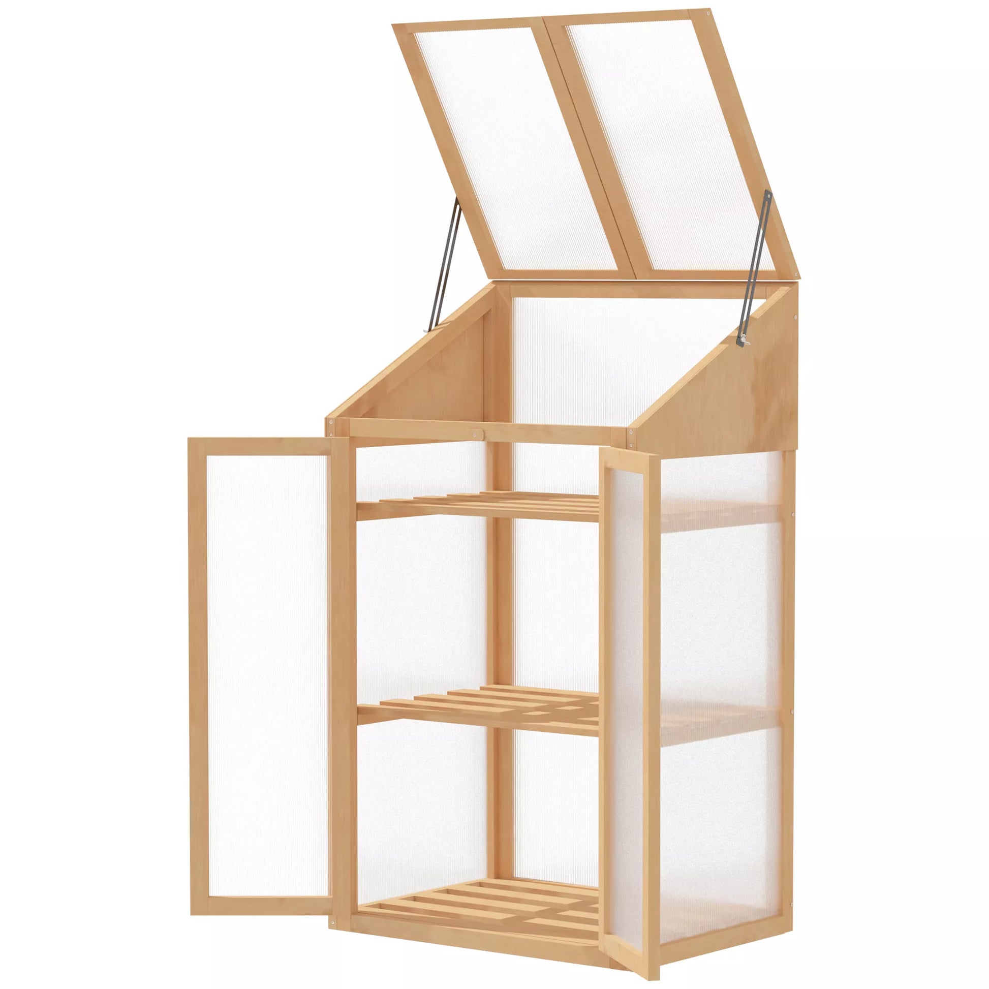 Mini šiltnamis, mažas šiltnamis su mediniu rėmu, langu ir dvigubomis durimis, 3 lentynos, 70L x 50B x 120H cm, rudas