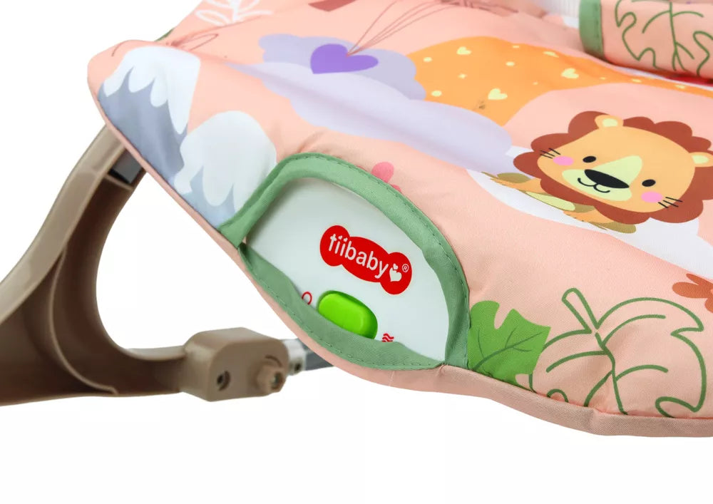 Gultuko-sūpuoklės audinio detalė su vibracijos mygtuku ir liūtuko raštu
