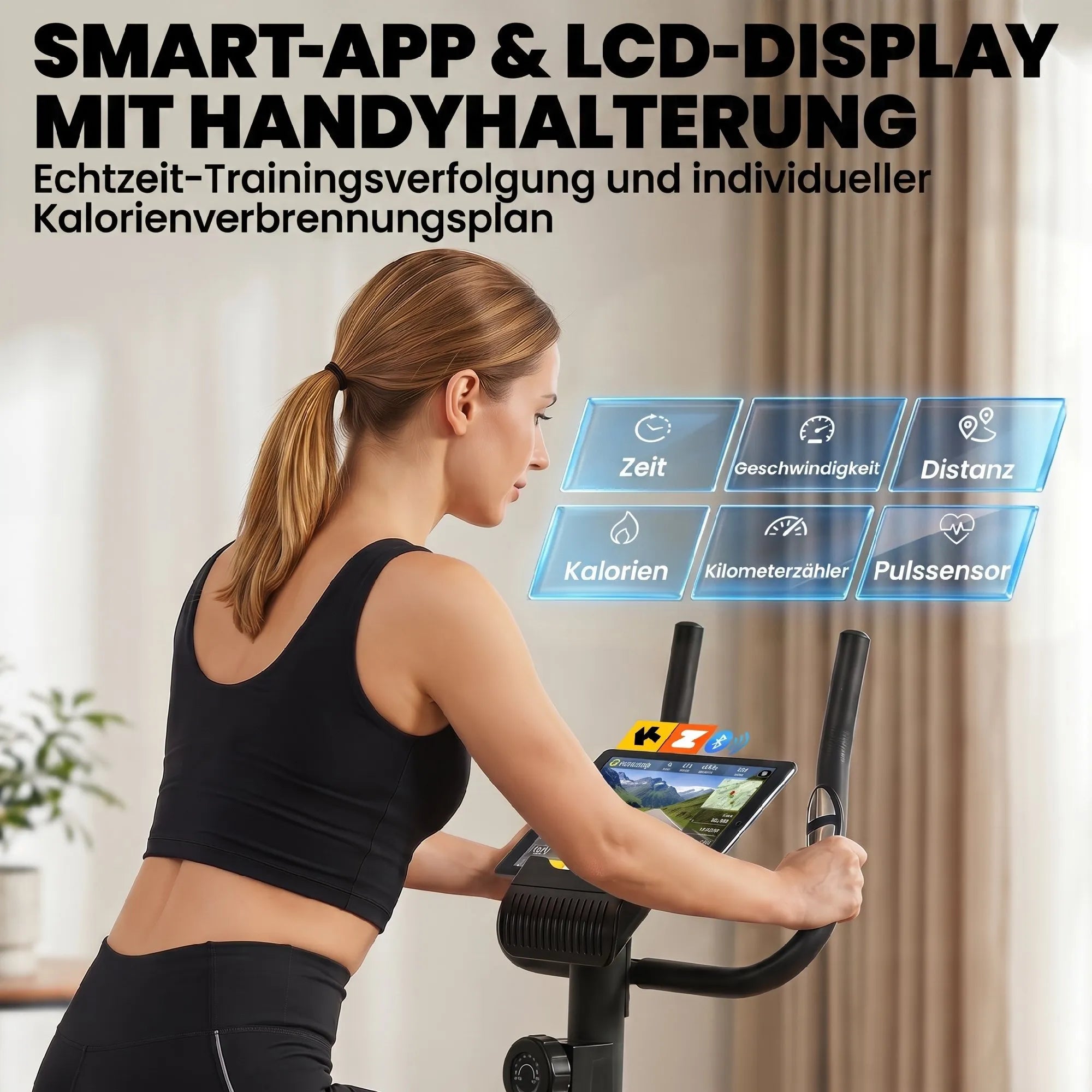 Kūno rengybos dviratis treniruoklis su „Bluetooth“ ir LCD ekranu, juodas