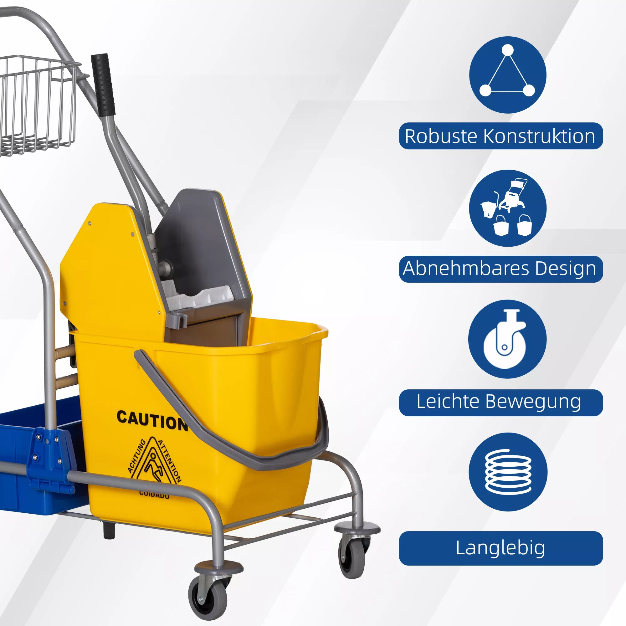 Grindų plovimo vežimėlis, profesionalus vežimėlis su 25 l talpa, plastikas, 4 ratukai, geltonas