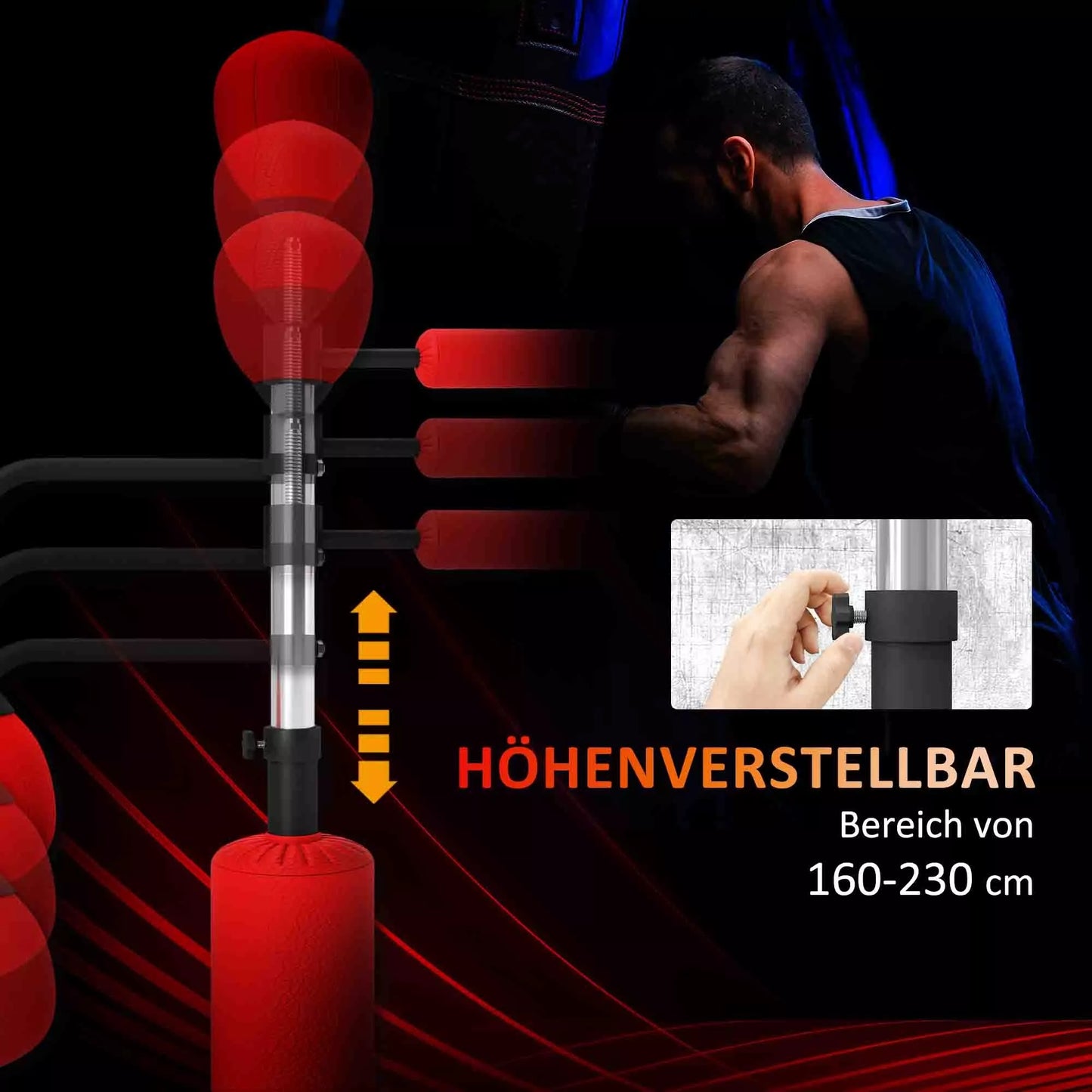 4-viename laisvai pastatomas bokso maišo stovas, 160-230 cm reguliuojamo aukščio, raudonas