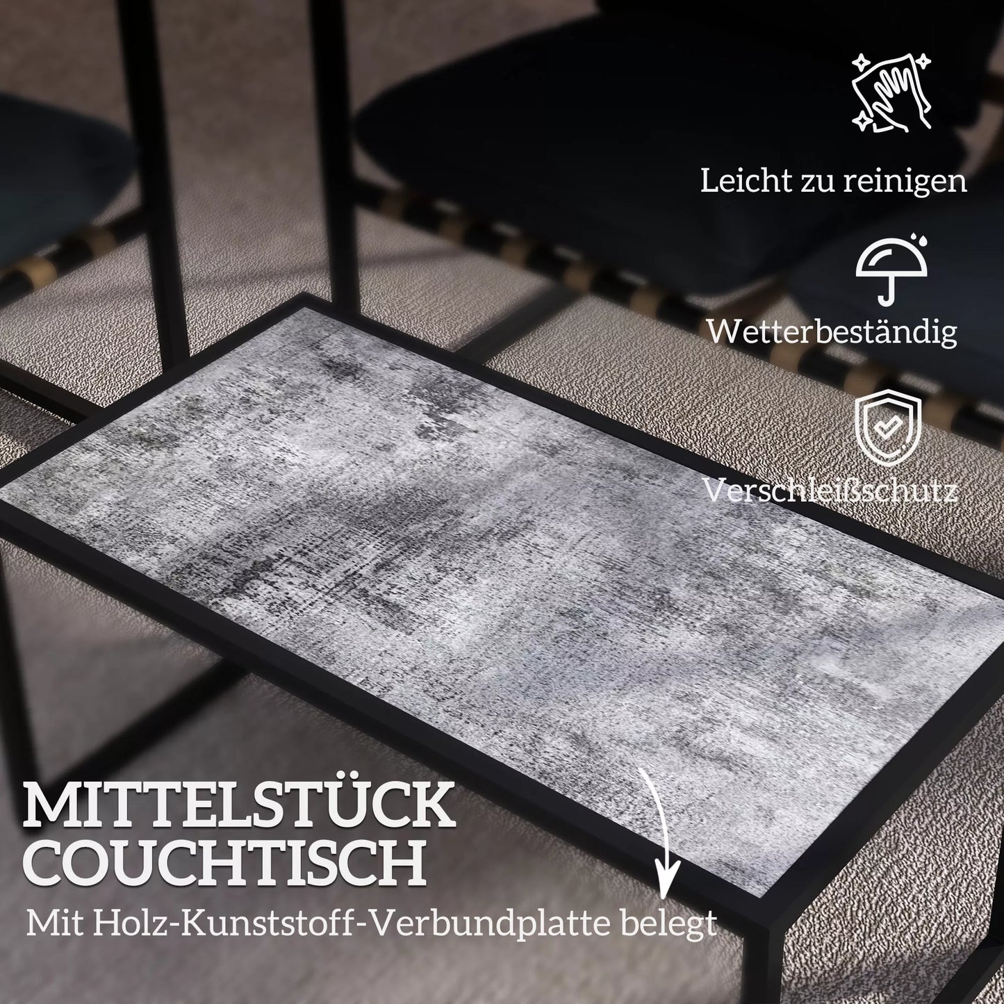 4 dalių sodo baldų komplektas, lauko baldų komplektas, 2 foteliai, 2 vietų sofa, 1 stalas, su paminkštinimu, plienas, poliesteris, pilkos spalvos