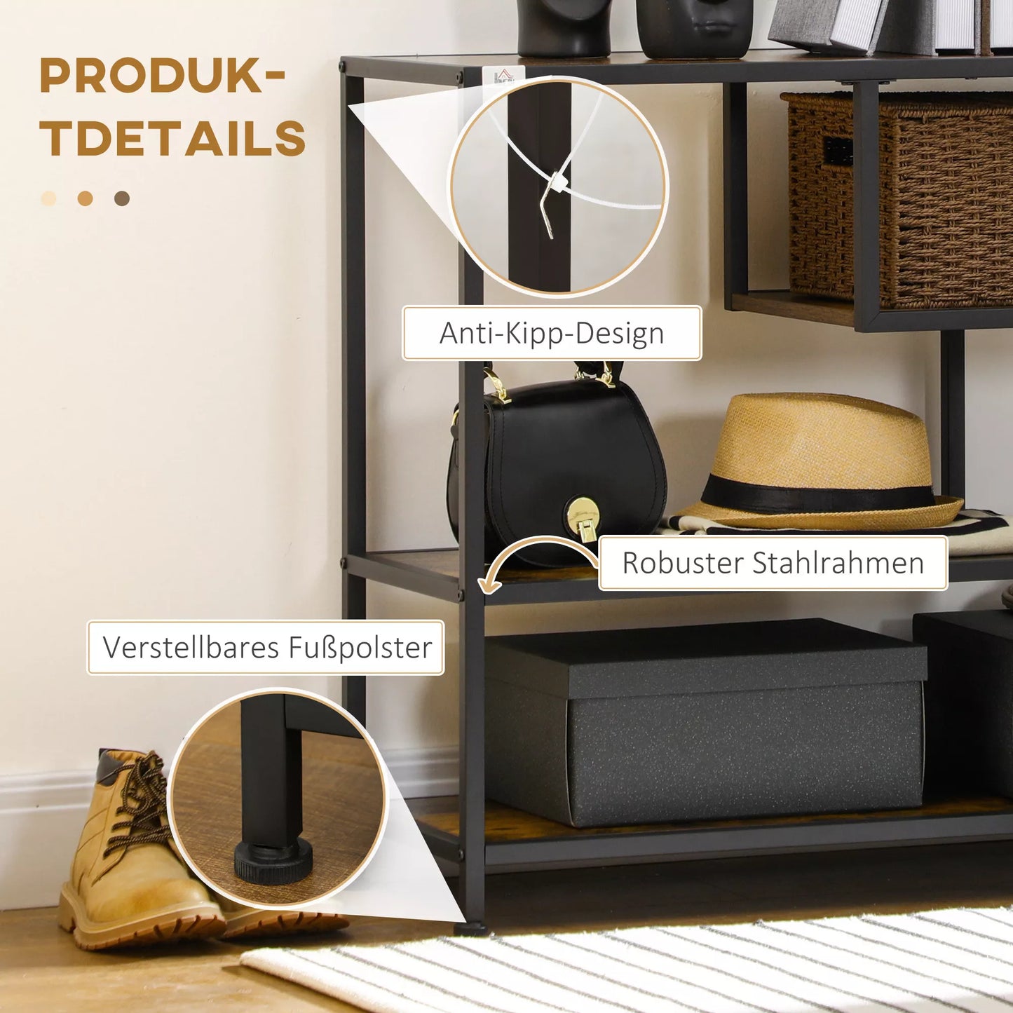 Lentyna, konsolinis staliukas, pramoninio dizaino, 4 lentynos, plieno rėmas, 99,6 x 33,6 x 74 cm