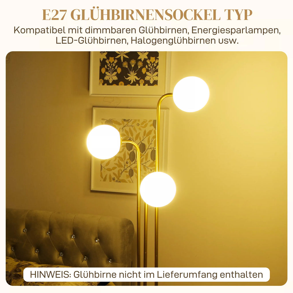 Modernus pastatomas šviestuvas su 3 gaubtais ir kojiniu jungikliu, E27 (aukso spalvos)
