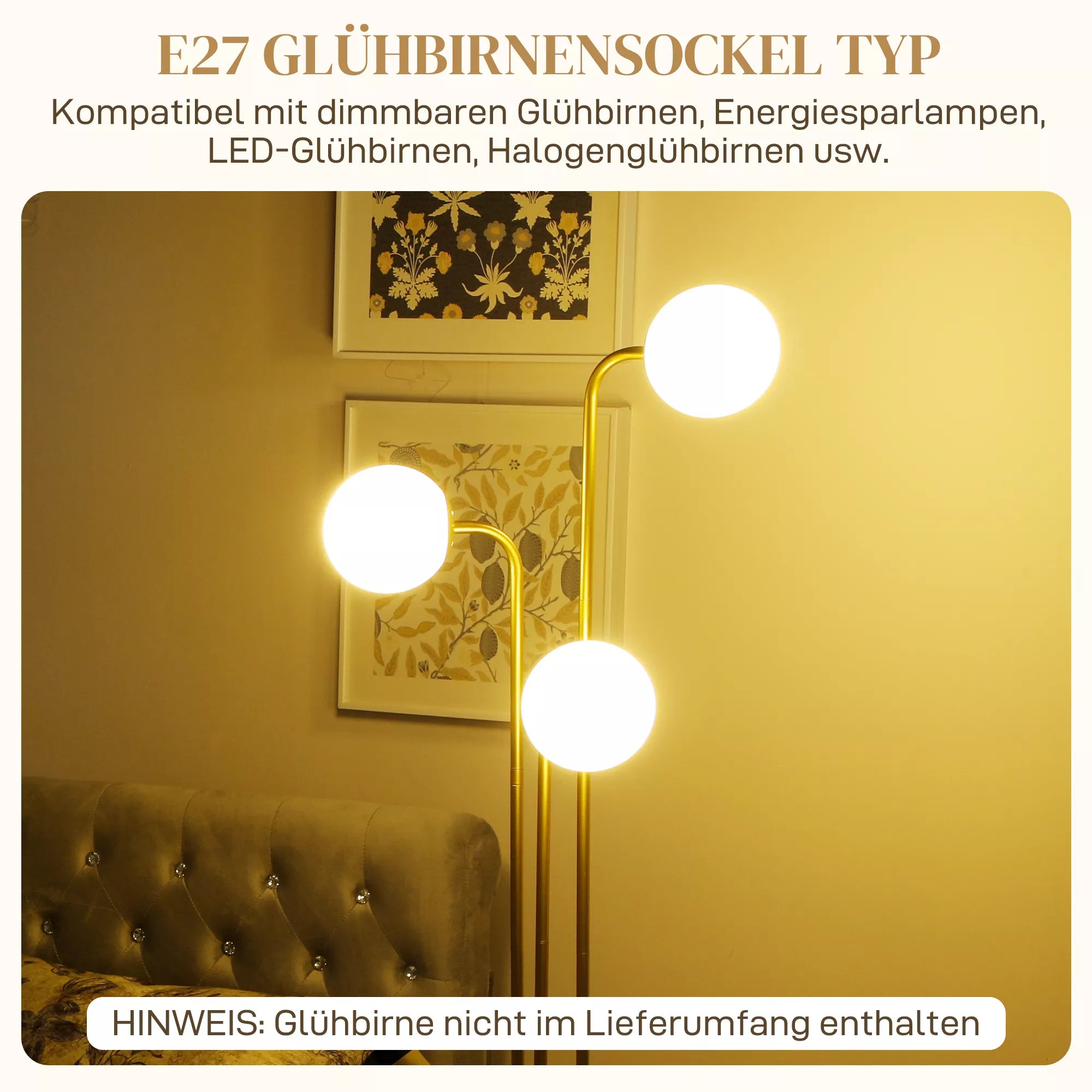 Modernus pastatomas šviestuvas su 3 gaubtais ir kojiniu jungikliu, E27 (aukso spalvos)