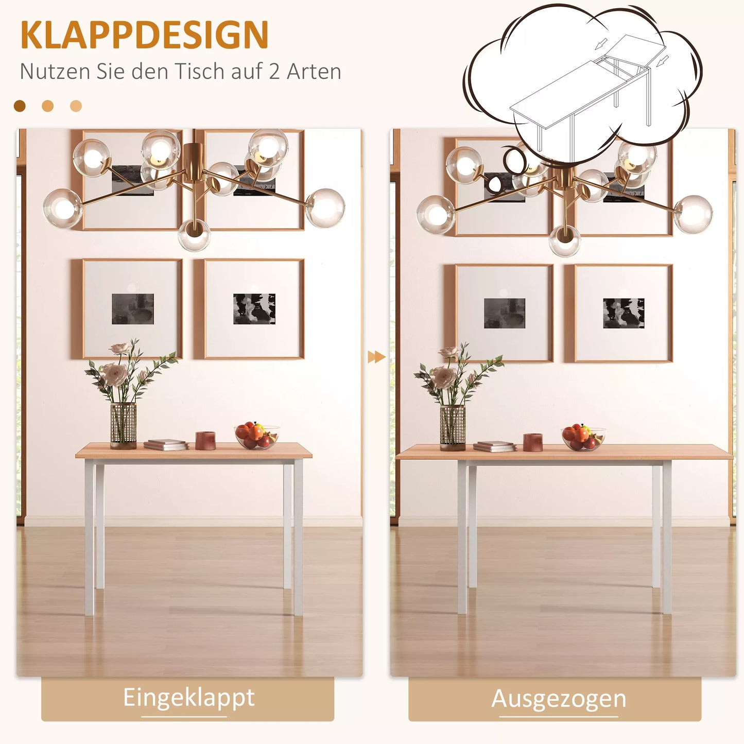 Valgomojo stalas 6 žmonėms, virtuvės stalas, prailginamas, rudas + baltas