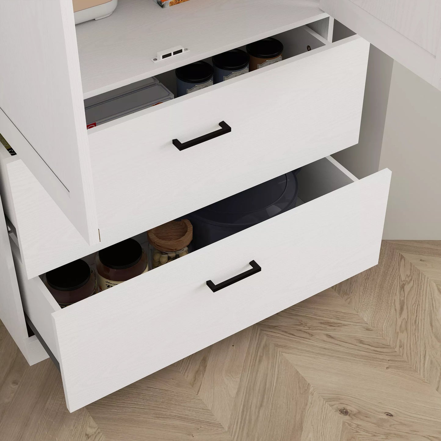 Laisvai pastatoma virtuvės spintelė su reguliuojamomis lentynomis ir dviem plačiomis stalčiais, skirta svetainei, virtuvei, balta