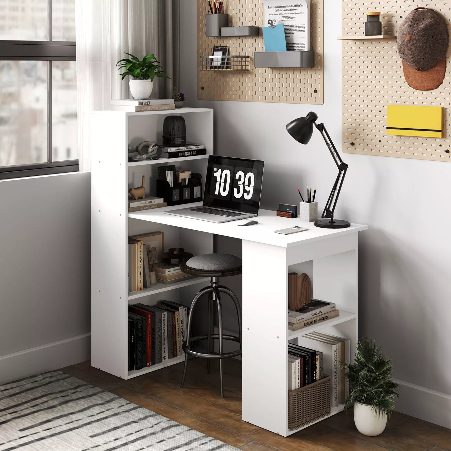 HOMCOM Rašomasis stalas, biuro stalas, kompiuterio stalas, su 2 lentynomis, 5 lentynos, 120 cm x 55 cm x 120 cm, baltas