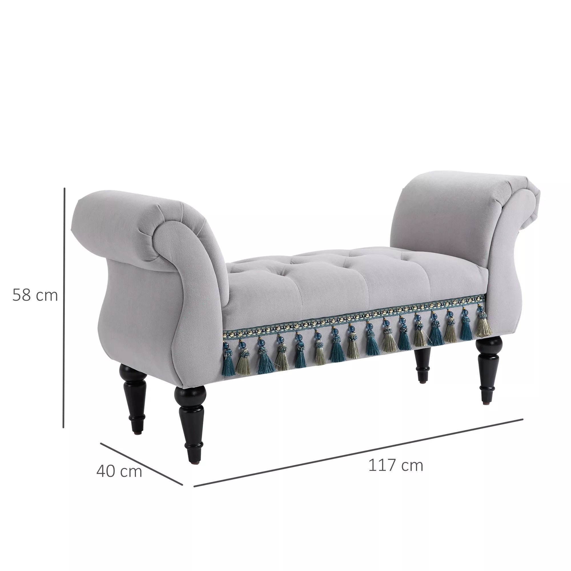 Schema su suoliuko matmenimis: 117 × 40 cm, aukštis 58 cm