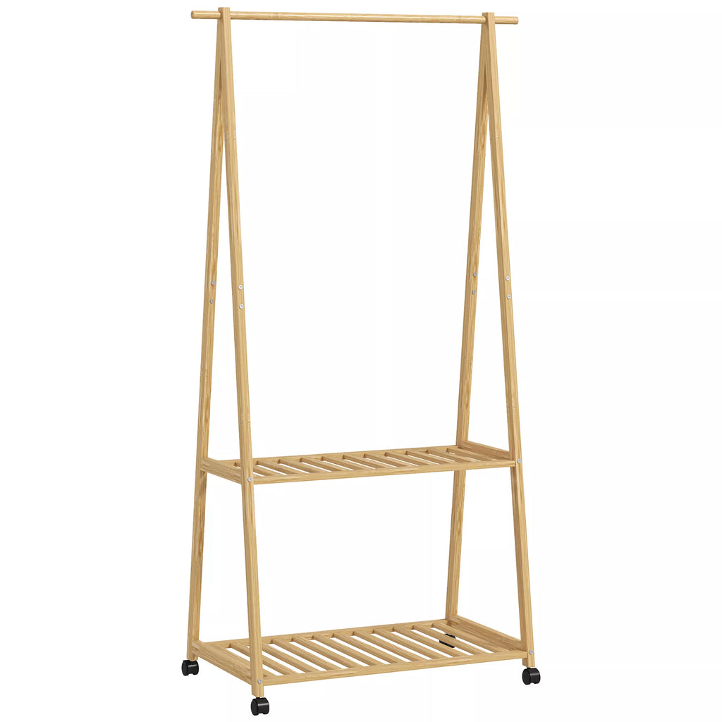Drabužių stovas, 2 apatinės lentynos, 67 cm ilgio drabužių strypas, bambuko mediena, ratukai