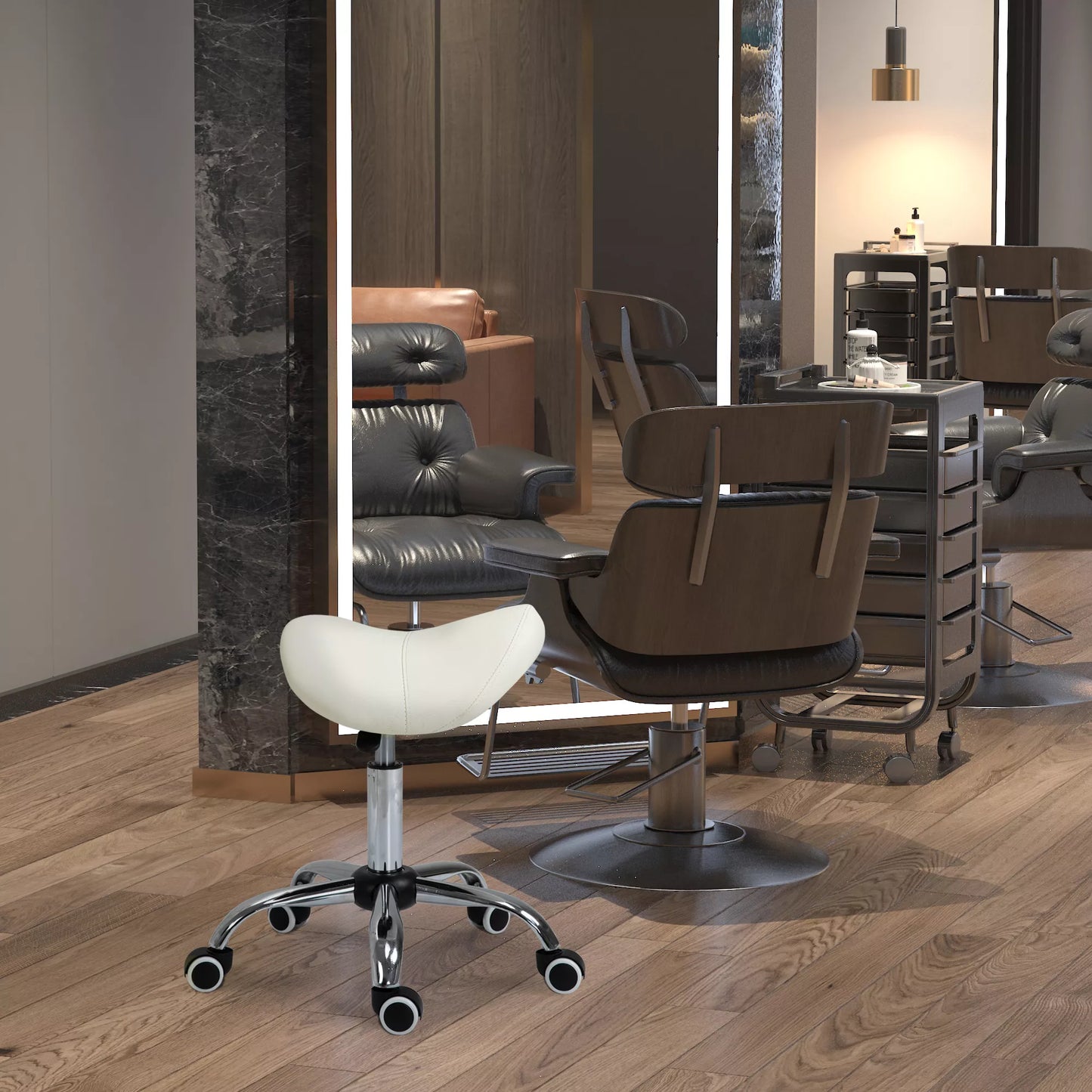 Aukščiui reguliuojamas ratinis pasukamas taburetė 49-61 cm, darbinis balnelio formos stovas biurui, salonui, masažui, SPA, baltas