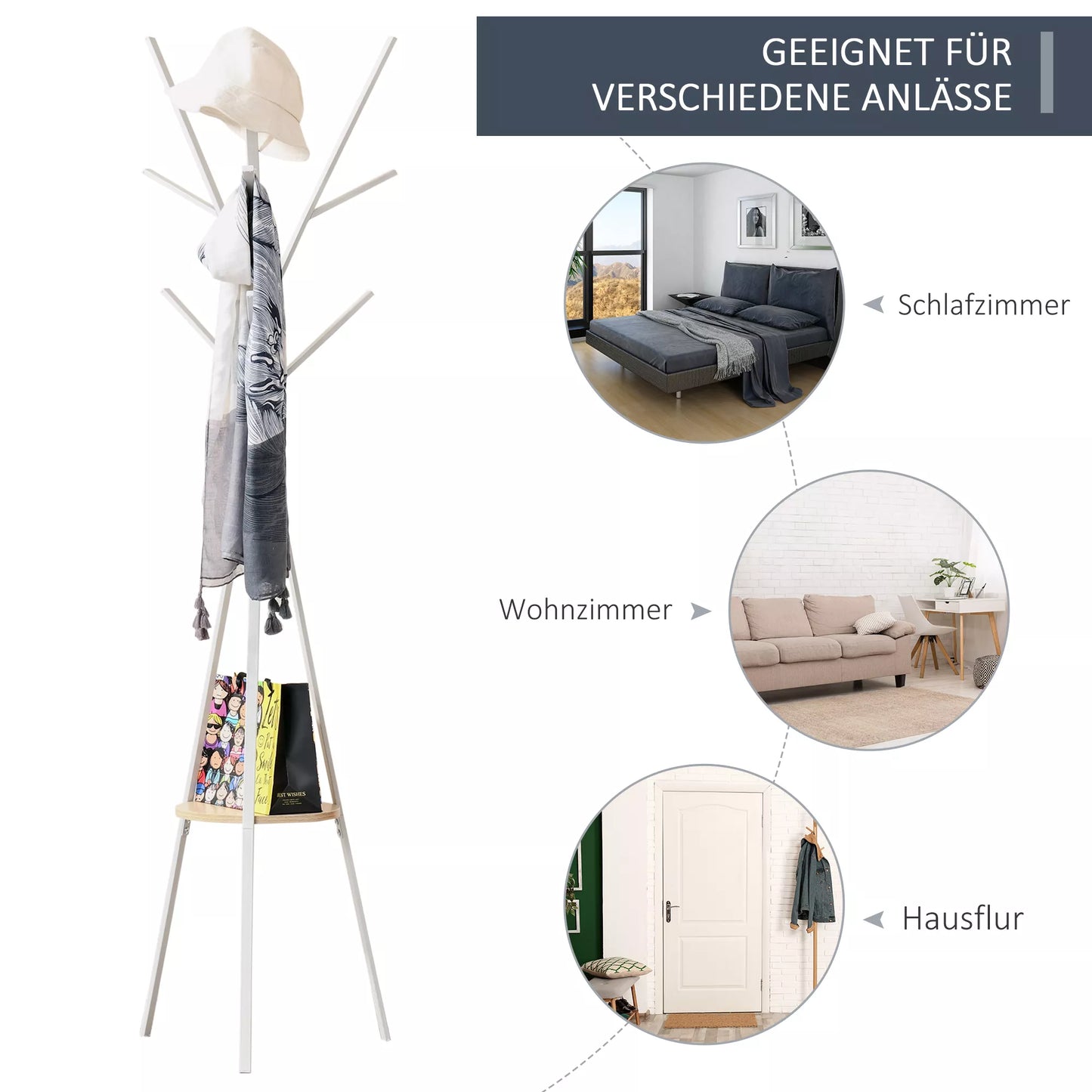 Drabužių kabykla su lentyna ir 8 kabliukais, šiuolaikiška drabužinė drabužiams, kepurėms, rankinėms laikyti, skirta svetainei, balta