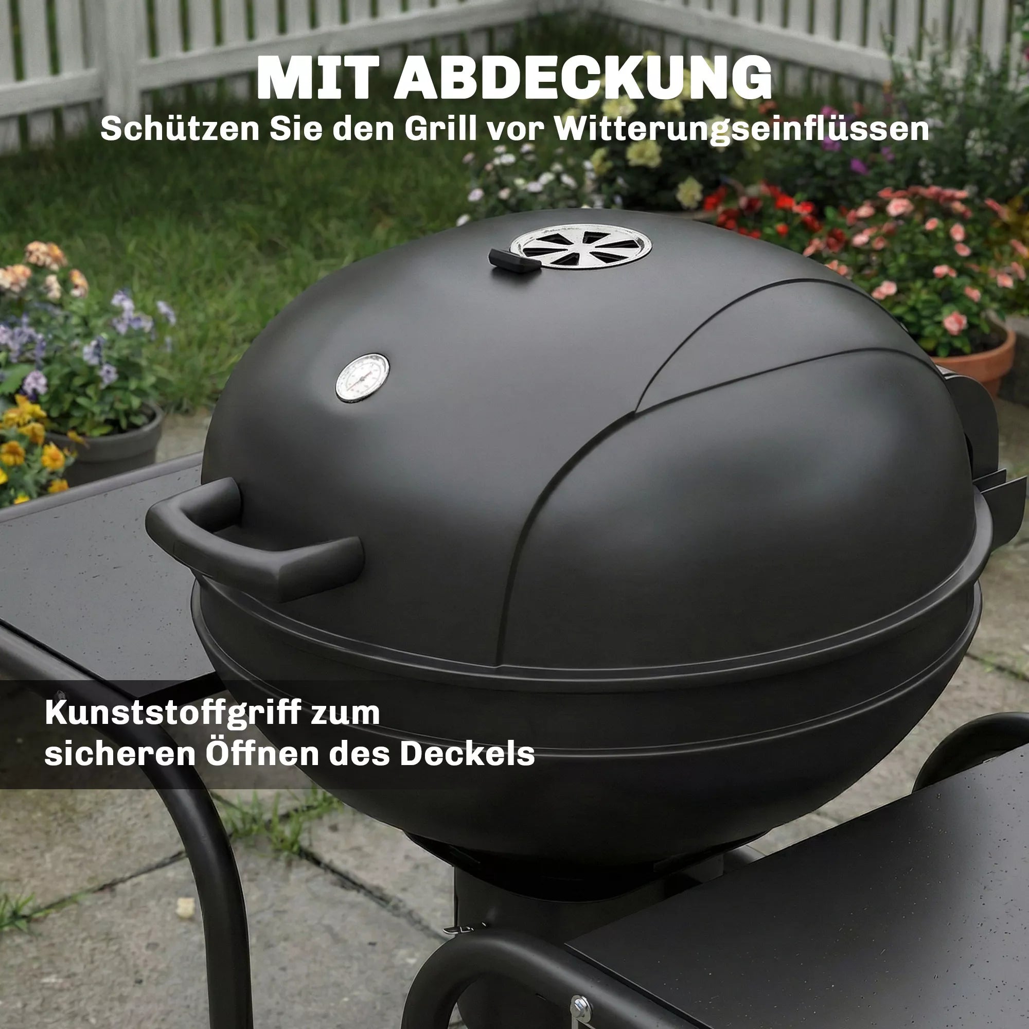 Anglies grilis BBQ Smoker su šoniniais stalais, dangčiu, termometru, ratais, 129 x 63,5 x 106,5 cm